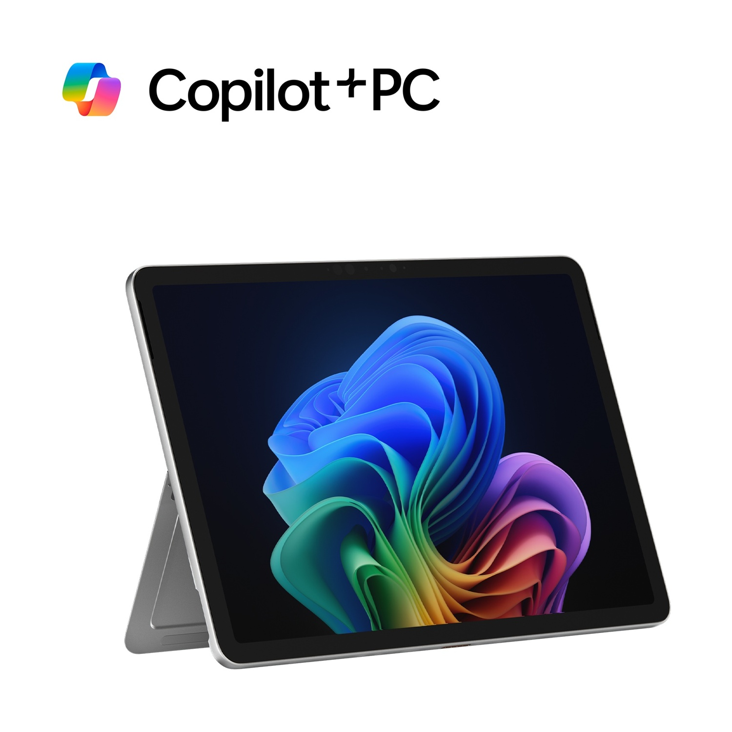 Tablet con schermo colorato, supportato da un supporto. Logo Copilot+PC.