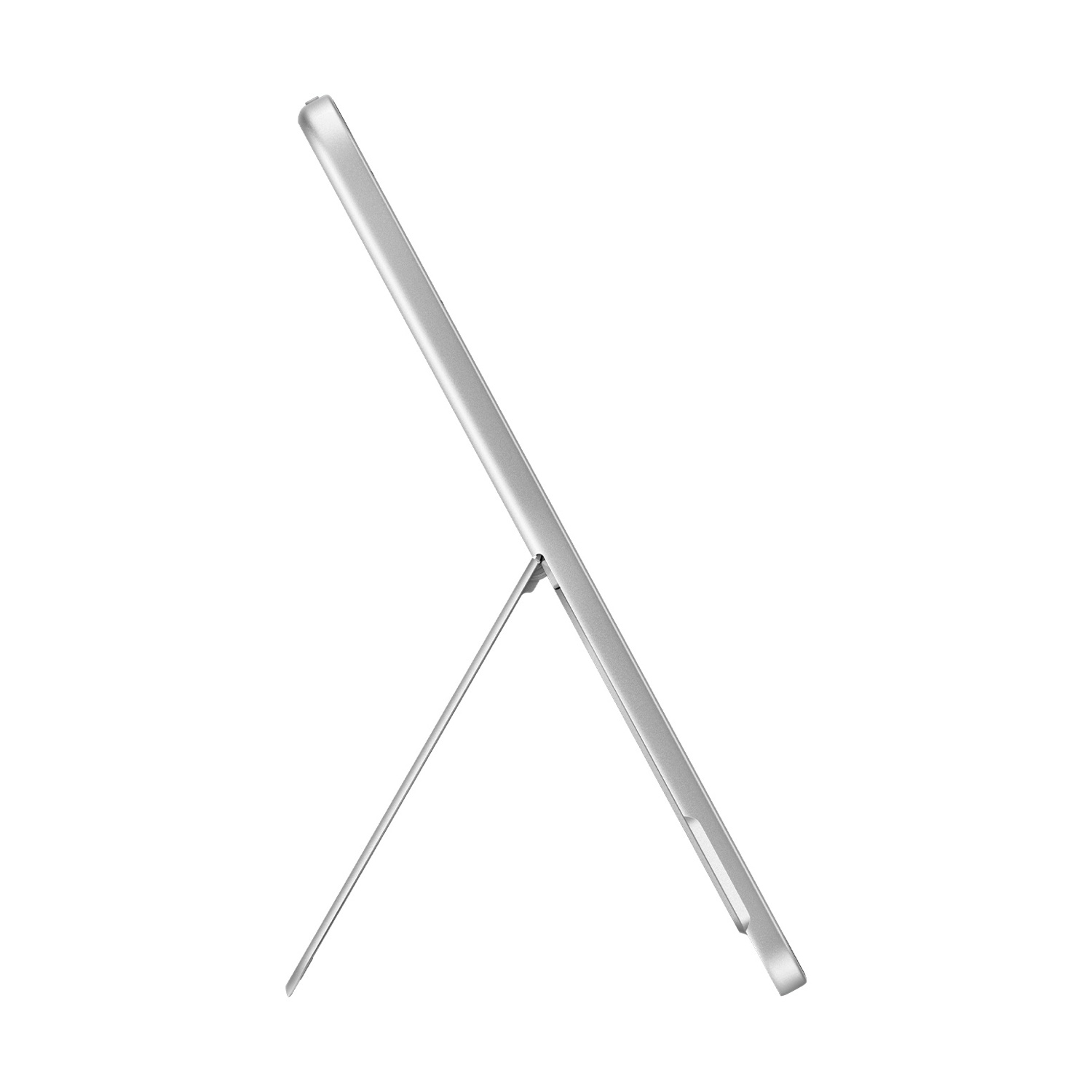 Tablet argentato sostenuto da un cavalletto, vista di profilo. Cavalletto e tablet formano una V.