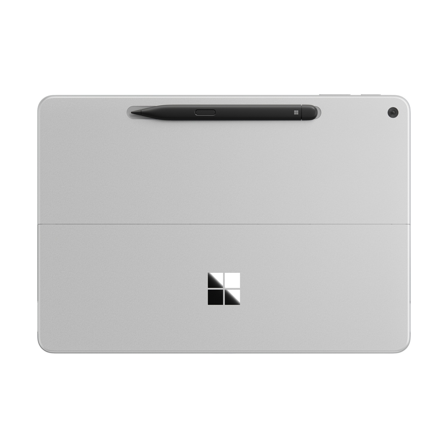 Tablet argentato con stilo nero e logo Microsoft. Isolato su sfondo bianco.