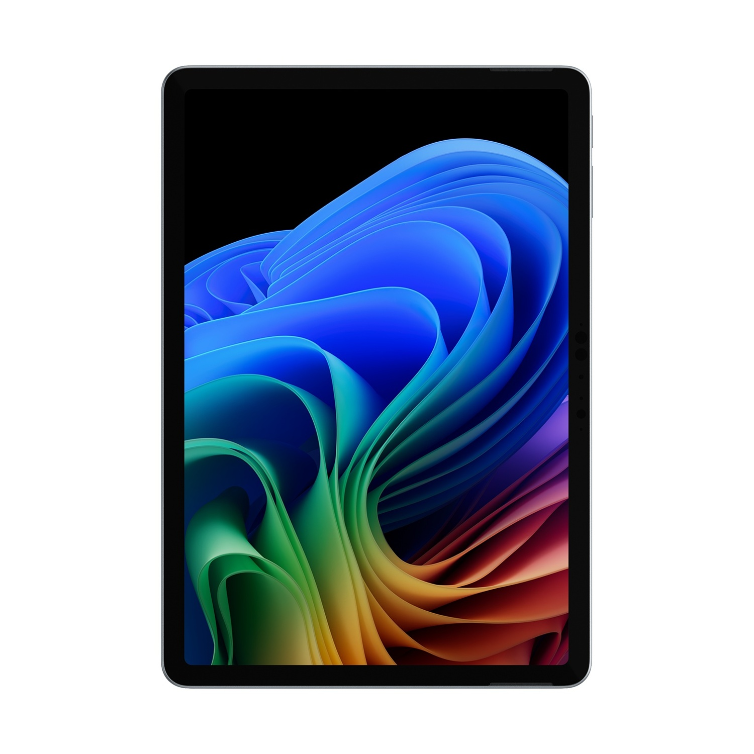 Tablet con onde astratte colorate sullo schermo. Cornice argentata, lunetta nera, sfondo bianco.