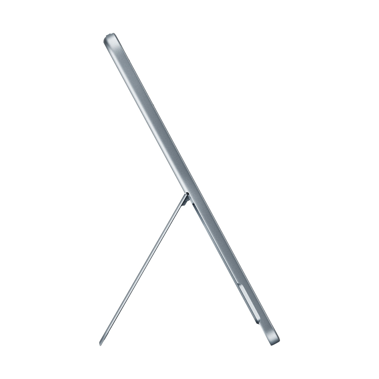 Tablet argento, vista laterale, puntellato con un supporto, sfondo bianco.