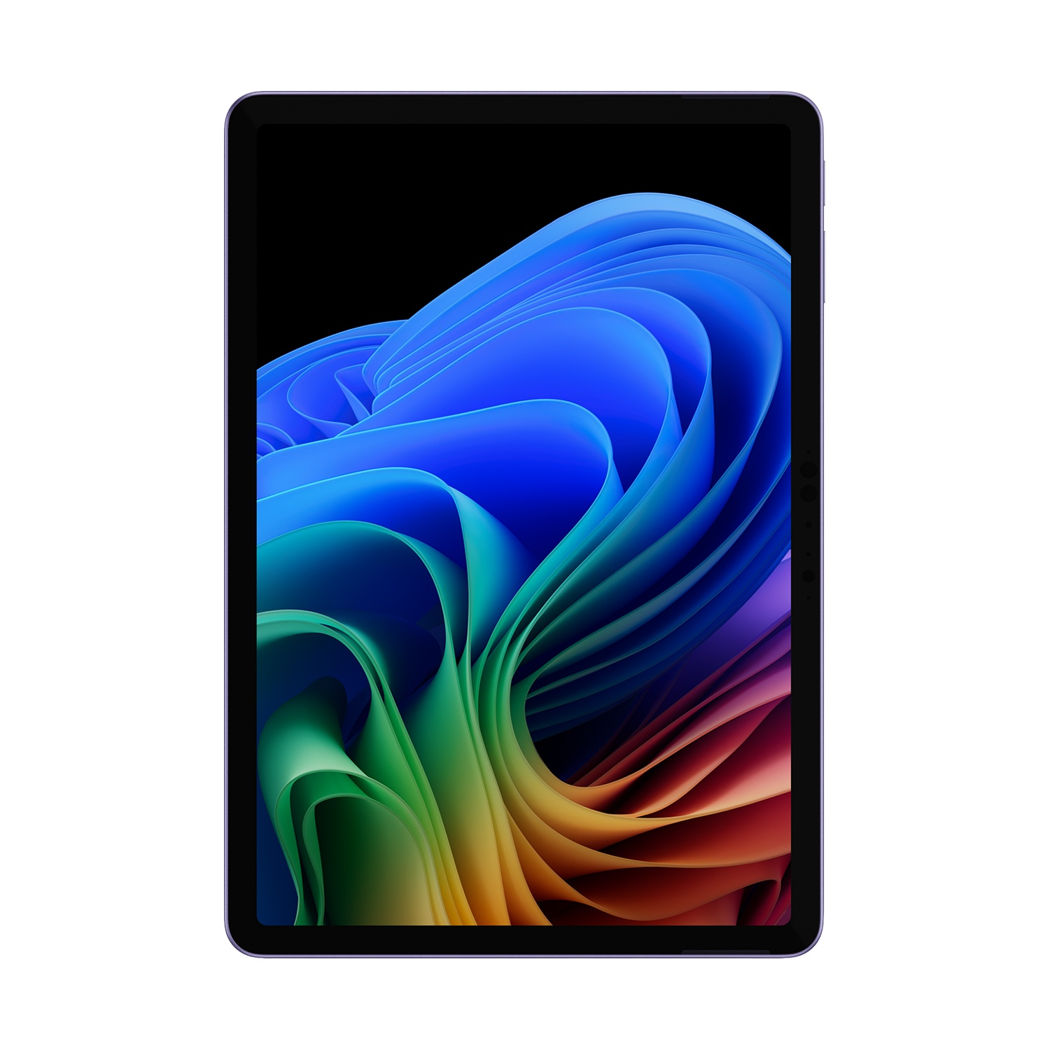 Tablet viola con immagine astratta colorata sullo schermo, cornice nera, sfondo bianco.