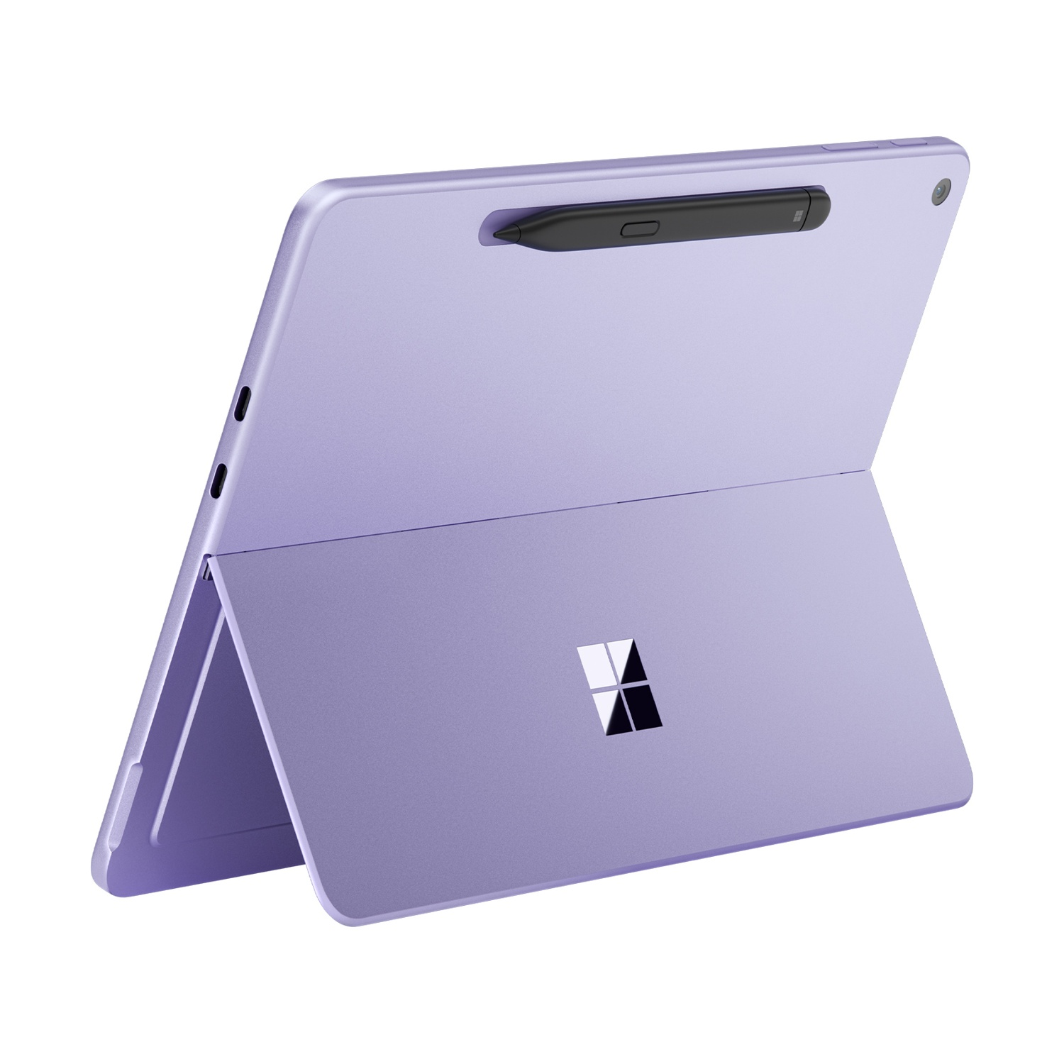 Tablet viola con tastiera collegata. Lo stilo è collegato. Logo Microsoft sulla tastiera.