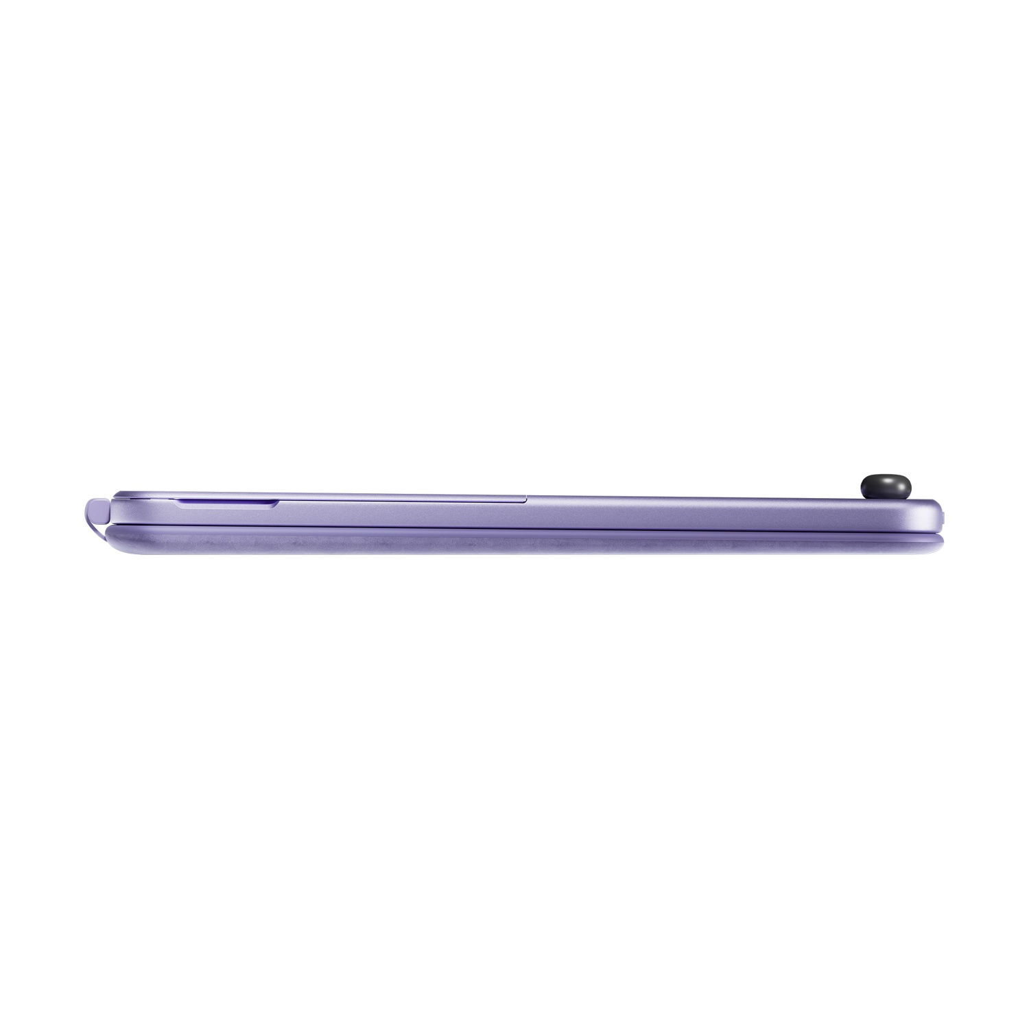 Un tablet viola, visto di lato, con una piccola penna nera sul lato destro, il tutto su sfondo bianco.