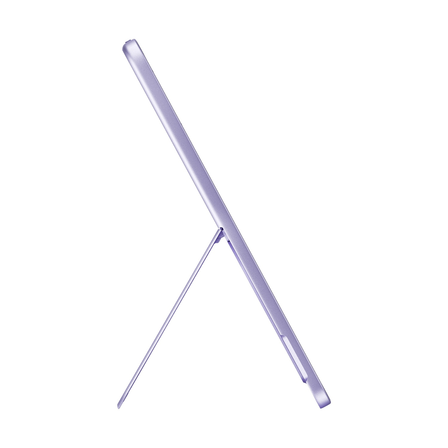 Un tablet viola è appoggiato a un supporto. È su sfondo bianco. Il tablet è angolato.