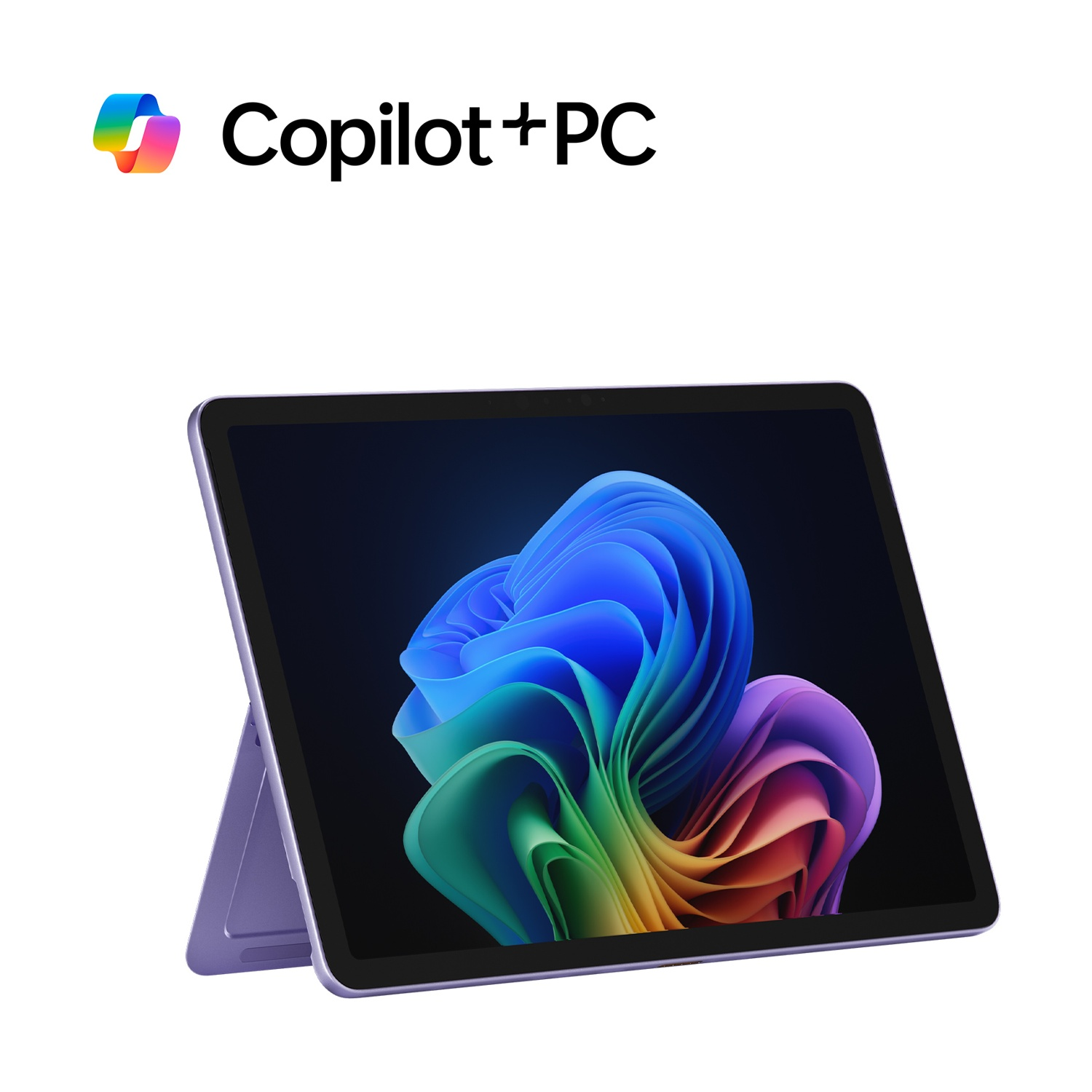 Tablet viola con schermo che mostra arte astratta colorata. Logo Copilot+PC nell'angolo in alto a sinistra.