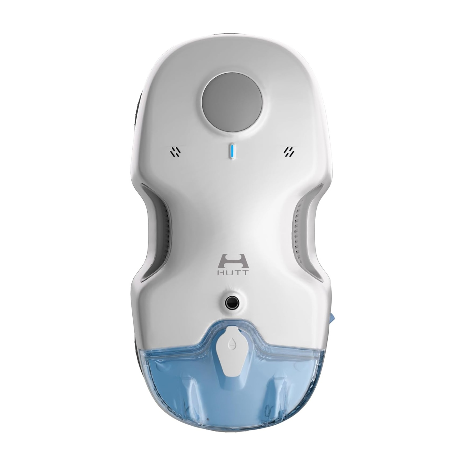 Robot per la pulizia bianco e blu. Pulsante rotondo, serbatoio dell'acqua e logo HUTT.