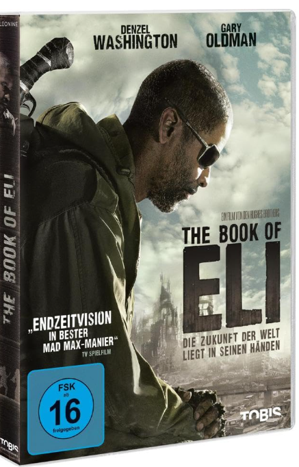 DVD-Cover: Denzel Washington in 'The Book of Eli'. Grauer Hintergrund mit Stadt. Text enthält Titel und Schauspieler.