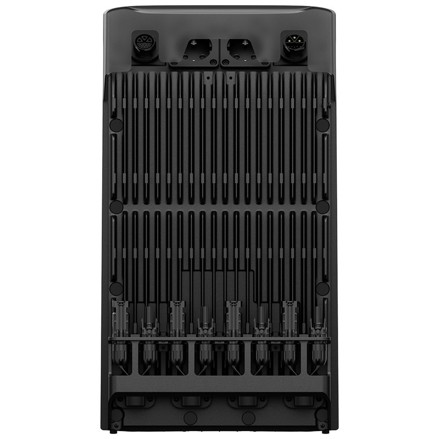 Zwart rechthoekig apparaat, achteraanzicht. Kenmerken: verticale ribbels, connectorpoorten en zwarte connectoren.