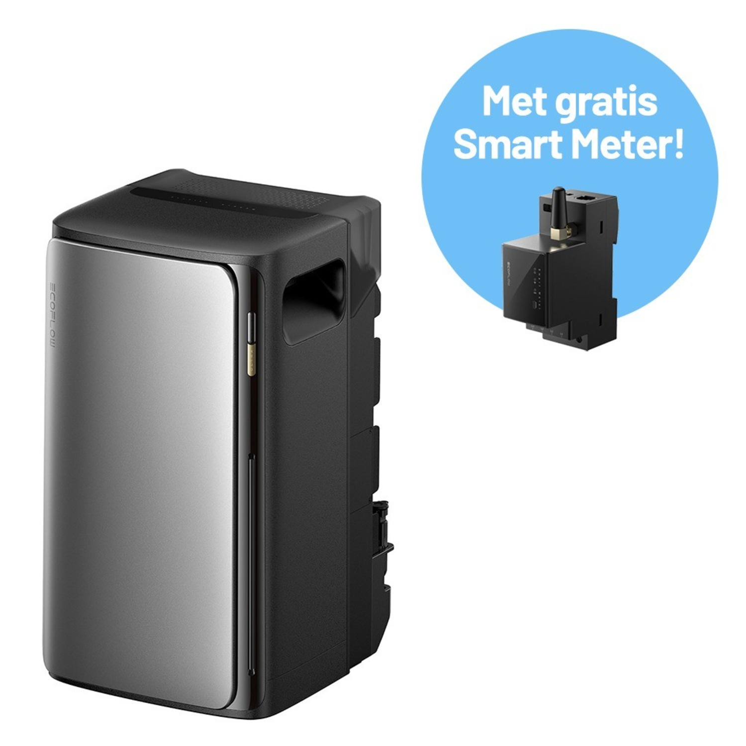 Zwart-zilveren powerstation met Smart Meter aanbieding, op witte achtergrond.