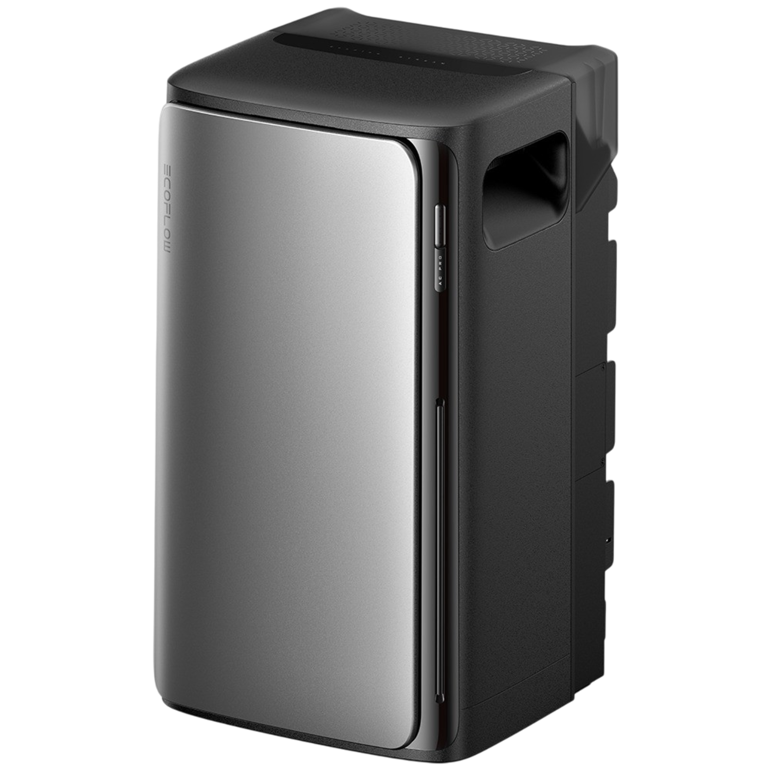 Zwart en zilver draagbaar energystation. Het heeft een handvat en een oplaadpaneel. EcoFlow logo is zichtbaar.