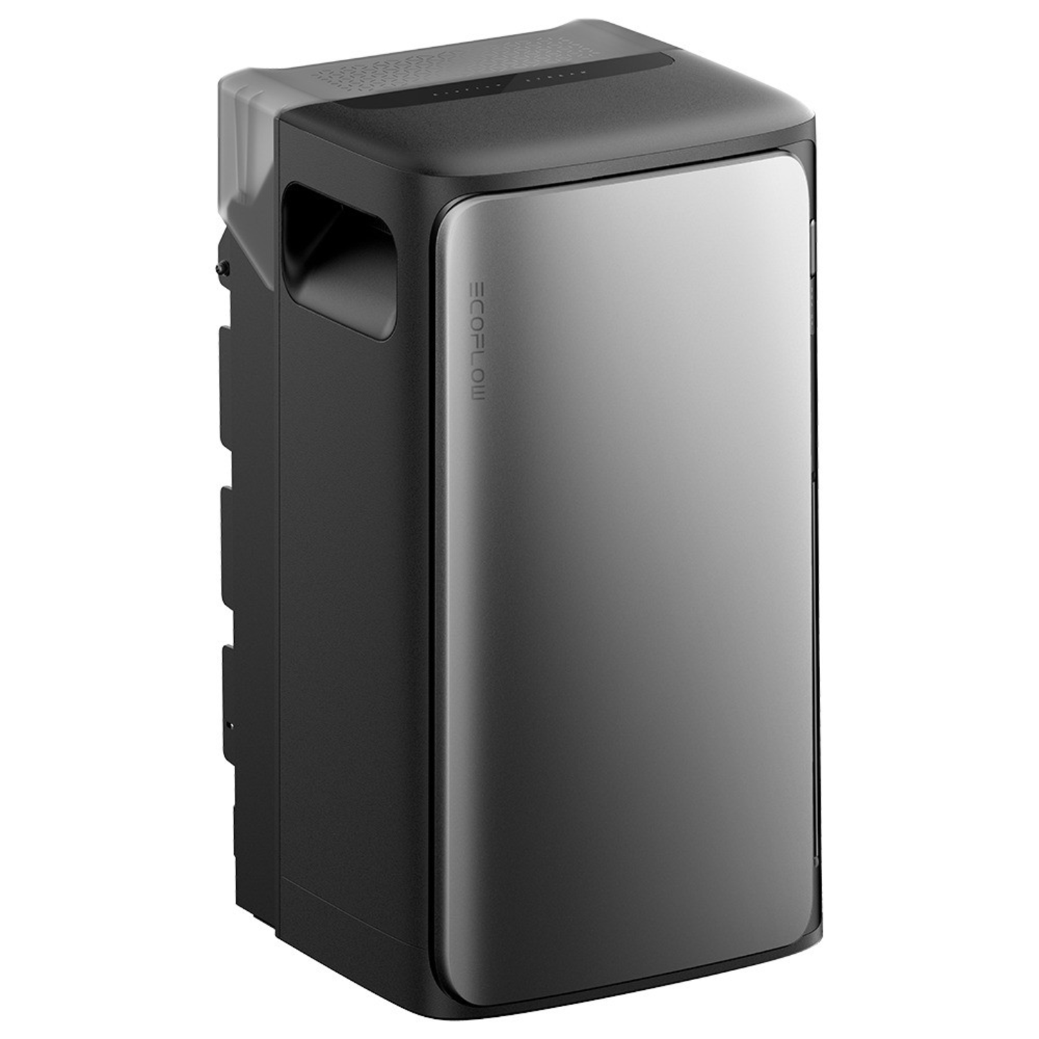 Black and silver portable power station. It has a handle and a charging panel.  EcoFlow logo is visible.