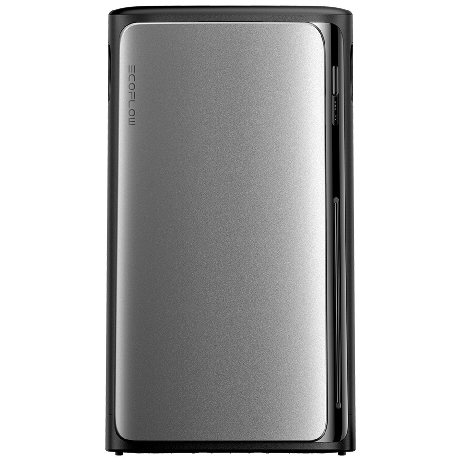 Silver EcoFlow power station with black frame. It has a sleek, rectangular design.