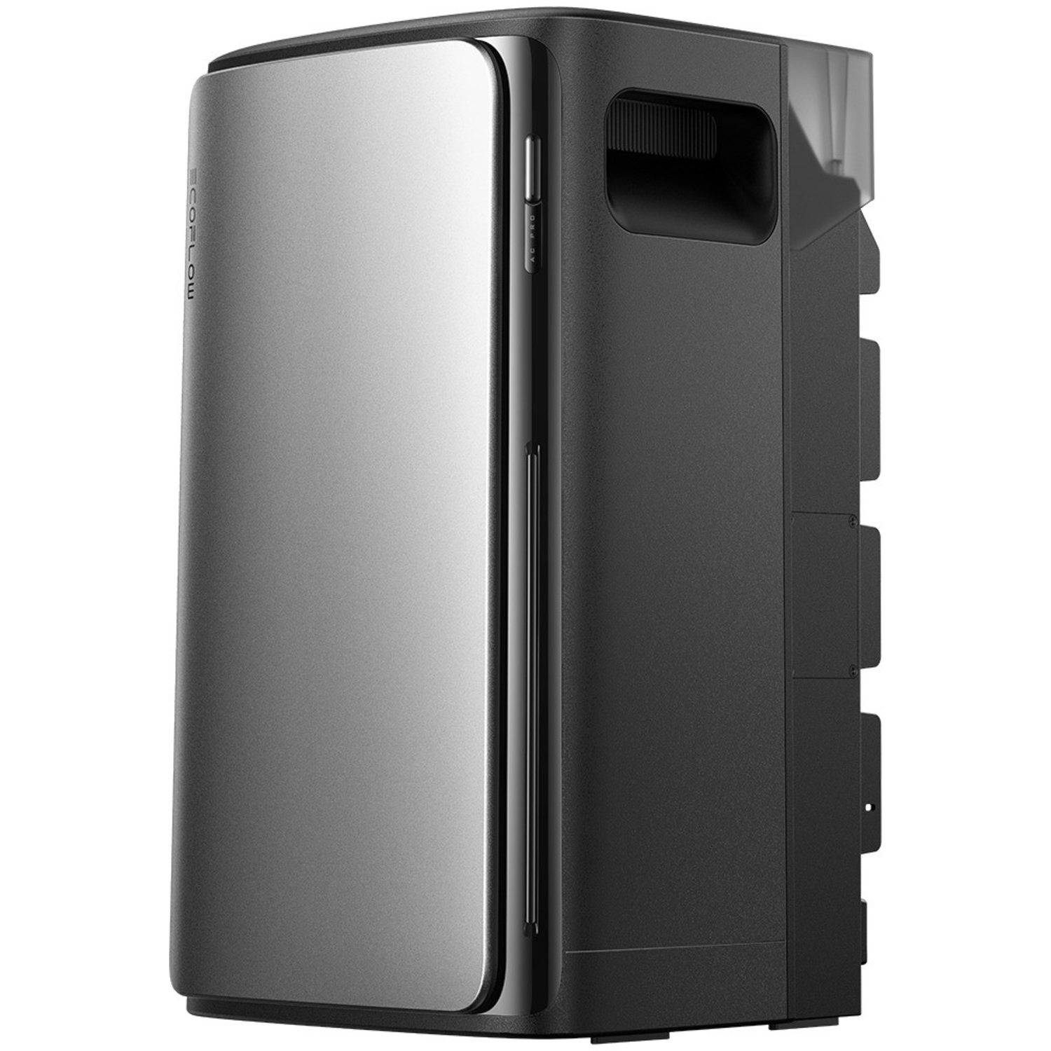 A dark grey and black power station, with a silver front panel and the ECOFLOW logo. It has a handle on top.