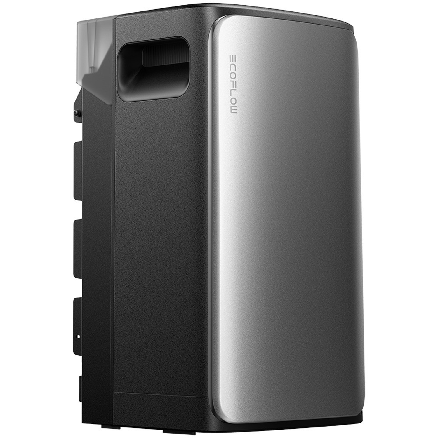 Dark grey and black power station with a silver front panel and ECOFLOW logo. It has a handle and a clear plastic top.
