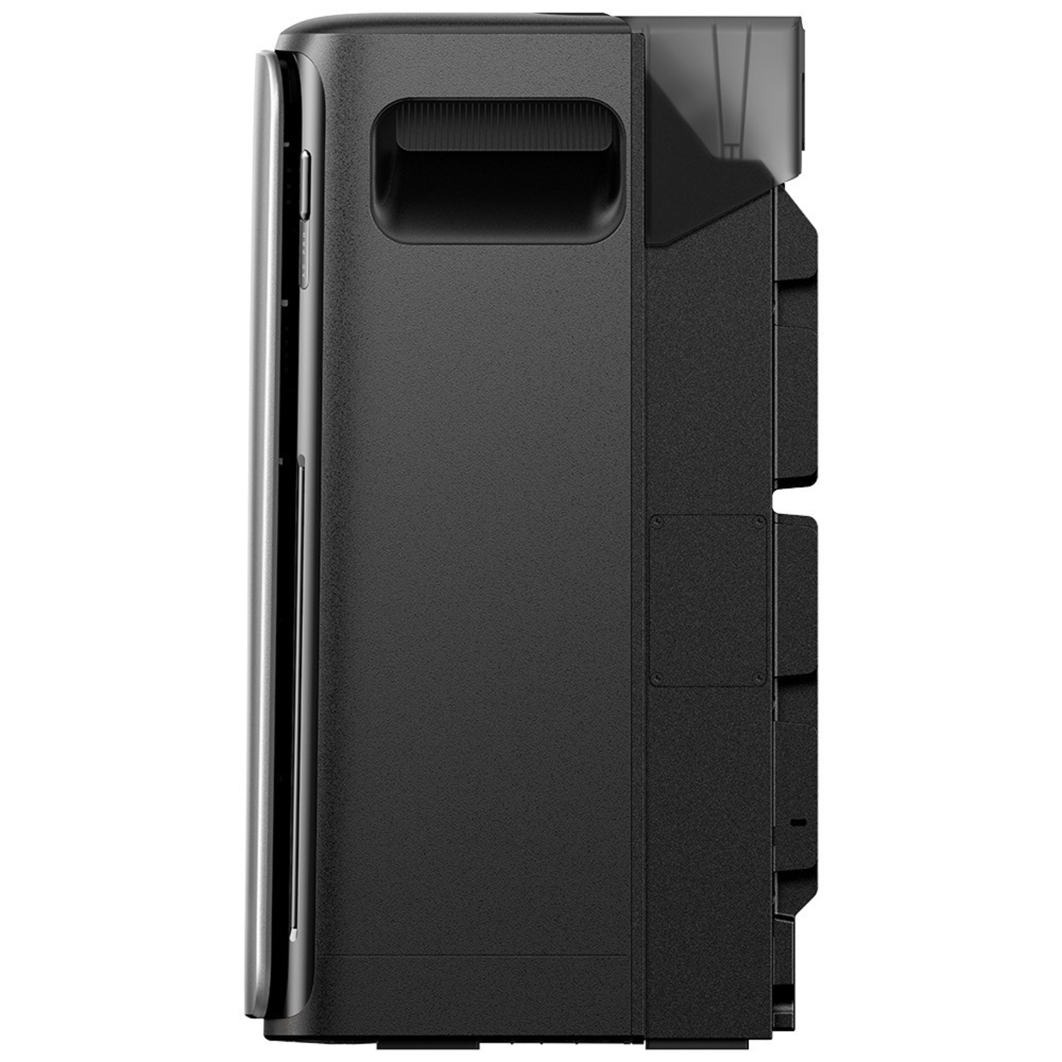 Black and gray device. Features a handle, side panel, and vents.