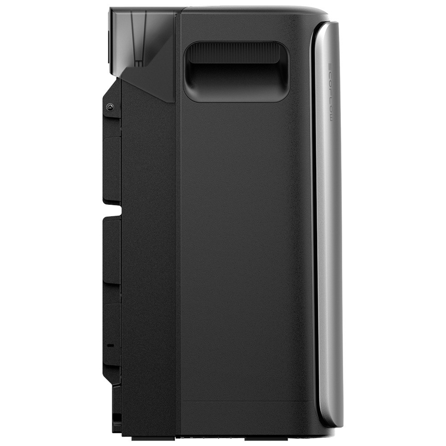 Black and gray device. Features a handle, side panel, and vents.