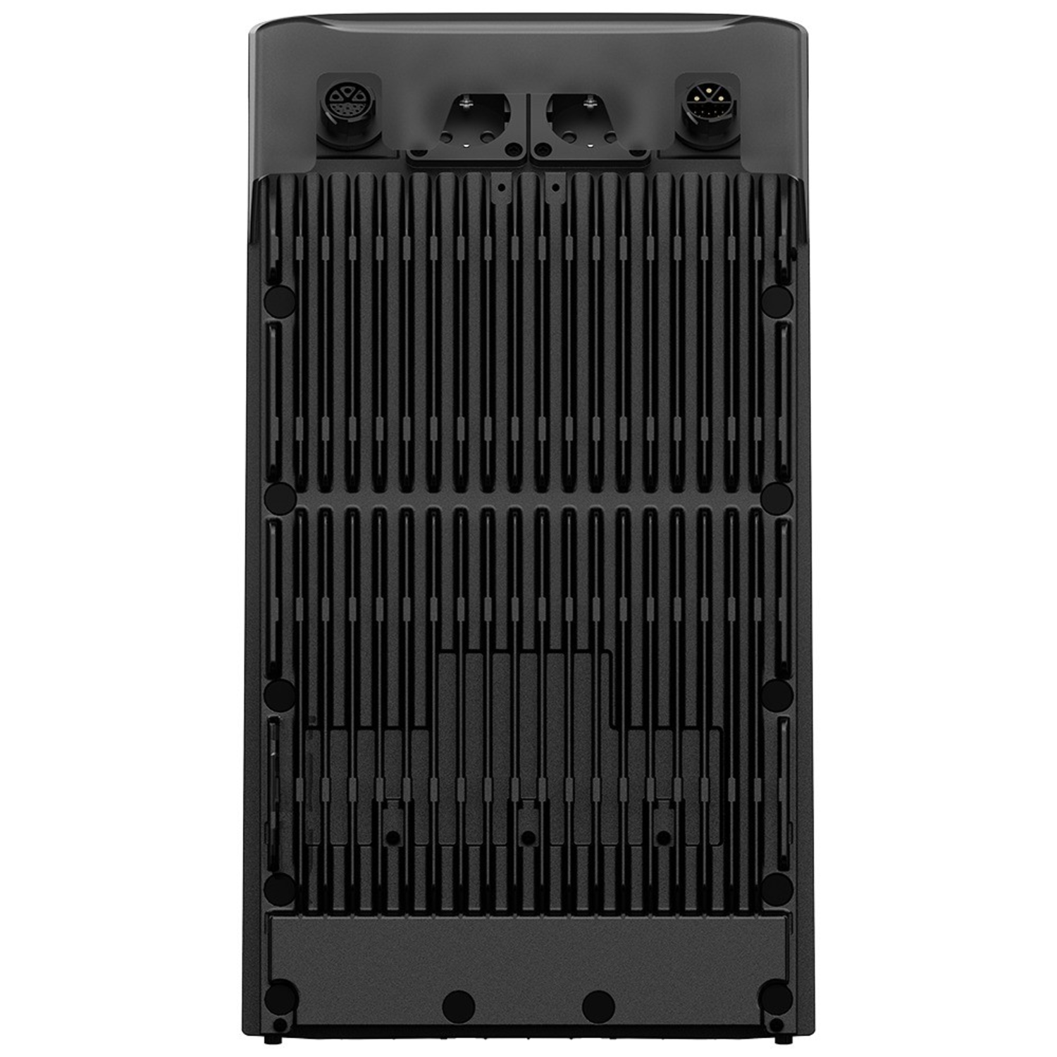 Black electronic device back with vertical lines, connectors, and a vent.