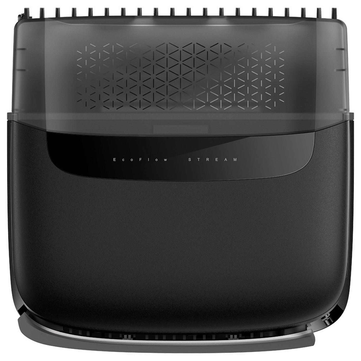 Black air purifier with rounded top, clear top cover, and the text 'EcoFlow STREAM'.