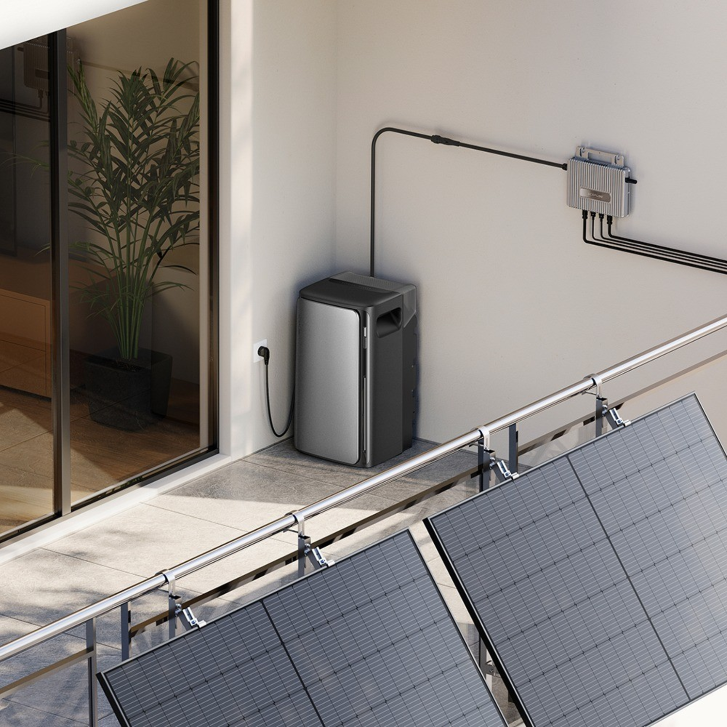 Solar panels on a balcony with a battery storage system. A plant is visible through a glass door.