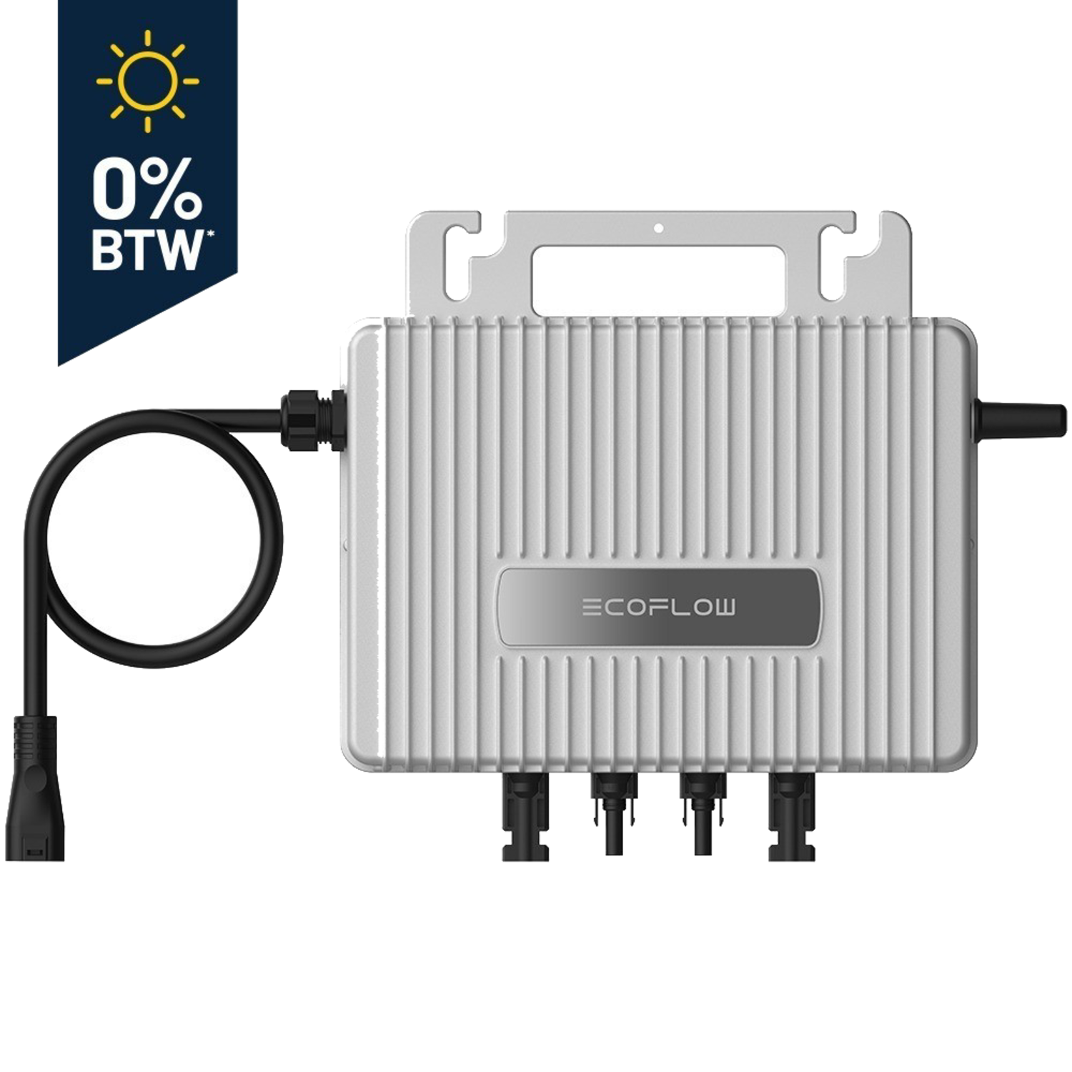 Witte ECOFLOW zonnepaneel met zwarte kabel en connector. Zwarte achtergrond. 0% BTW-icoon.