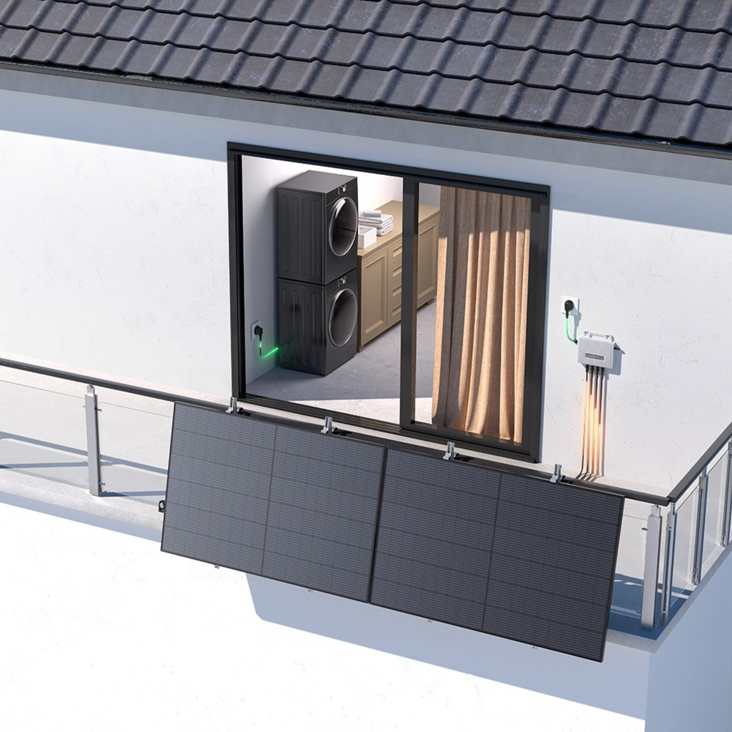 Zonnepanelen op balkon. Raam toont wasmachines en kasten. Elektrische componenten op de muur.