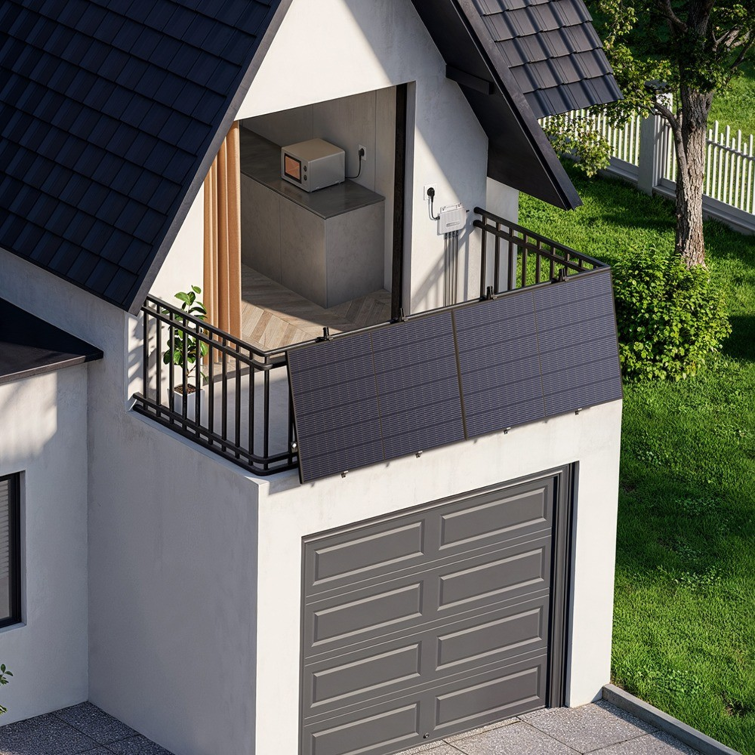 Zonnepanelen op balkon boven garage. Raam toont magnetron en kasten. Wit huis met zwart dak.