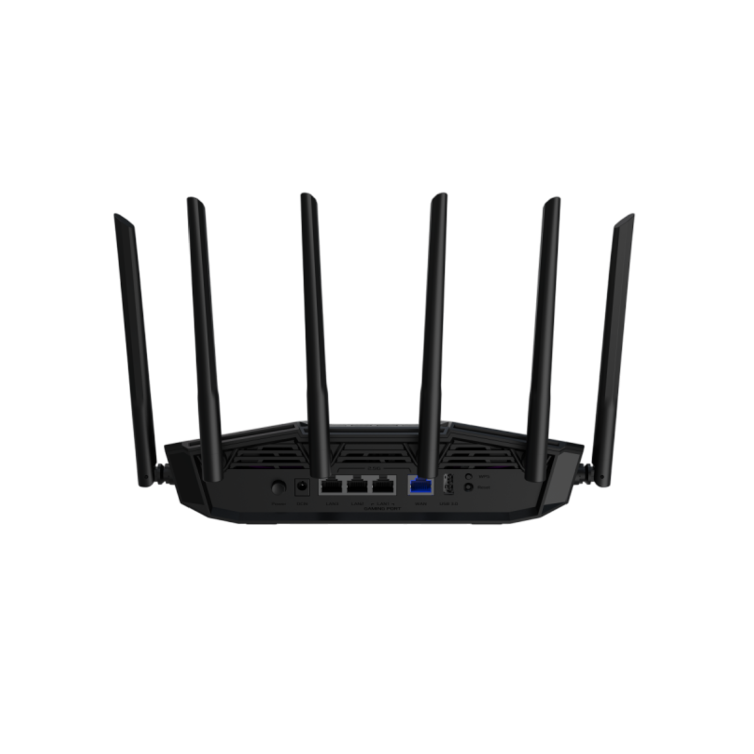 Routeur noir avec six antennes, divers ports et voyants sur fond noir.