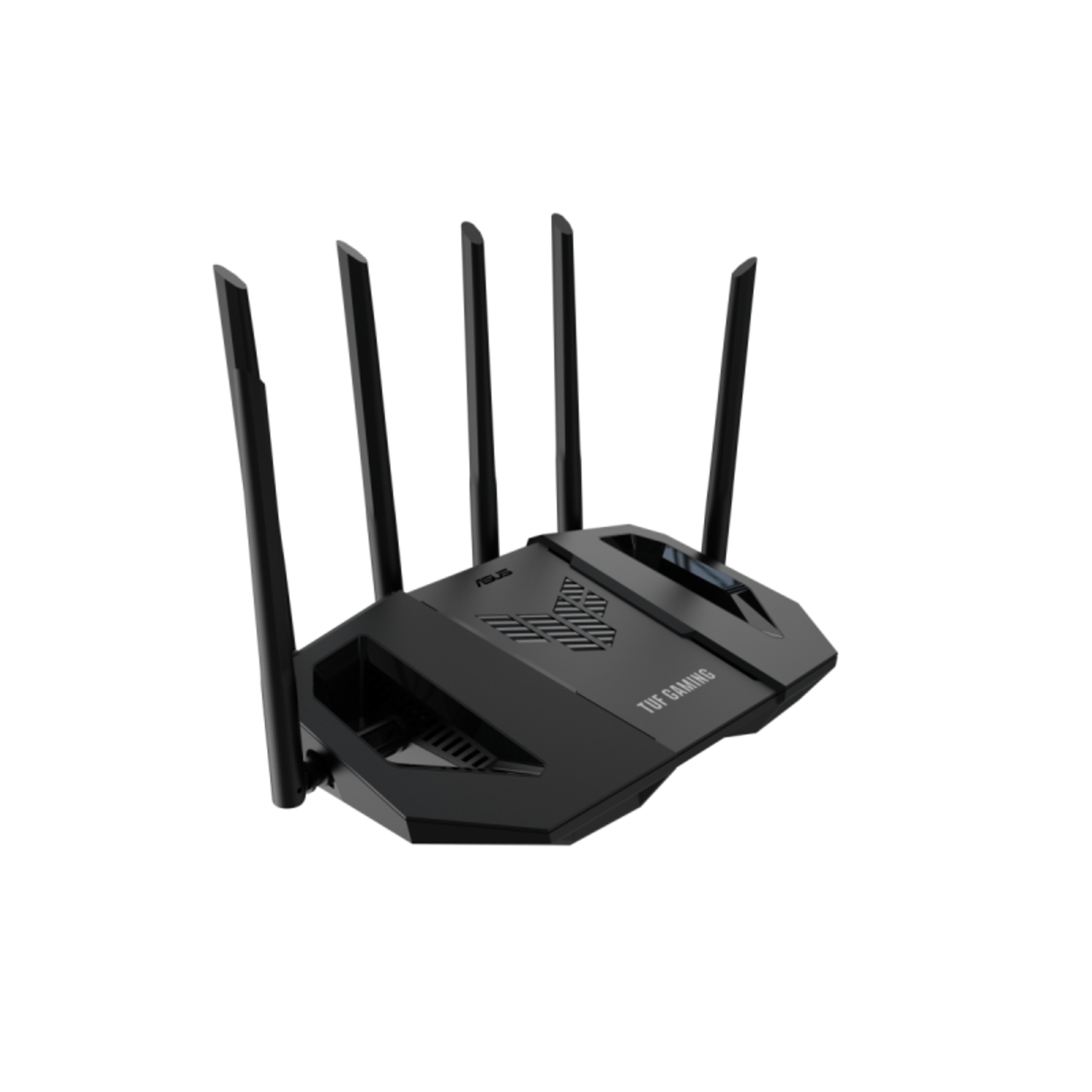 Routeur de jeu ASUS TUF noir avec quatre antennes, incliné sur fond blanc.