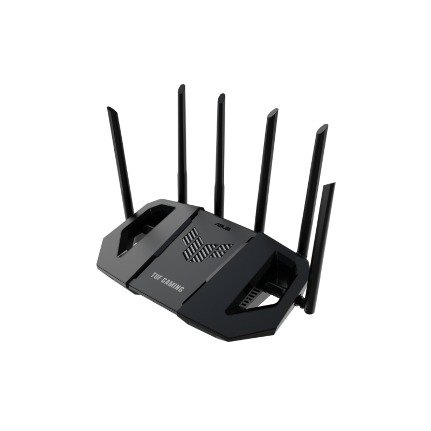Routeur ASUS TUF Gaming noir avec six antennes. Vue en angle sur fond blanc.