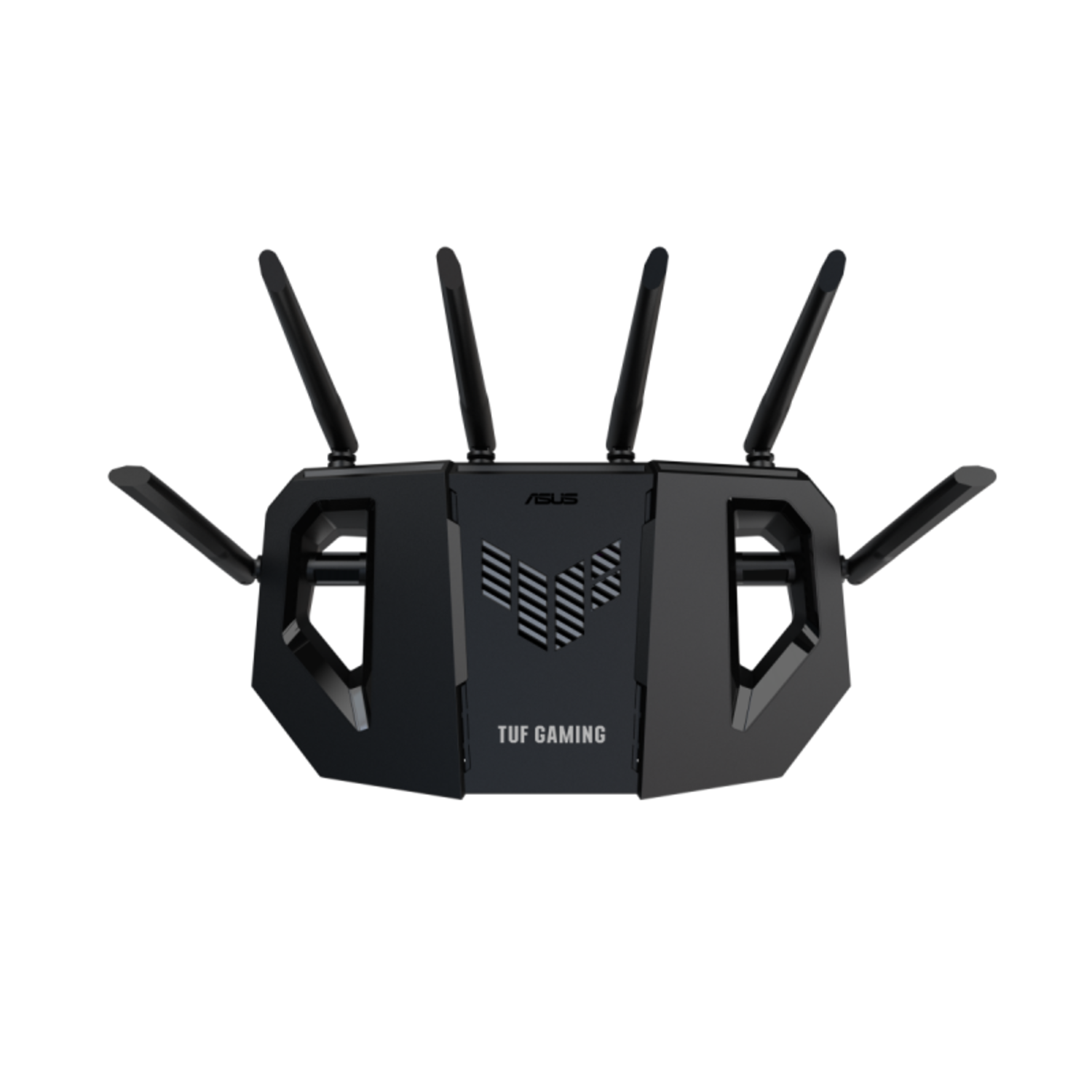Routeur ASUS TUF Gaming noir avec six antennes. Vue de face sur fond blanc.
