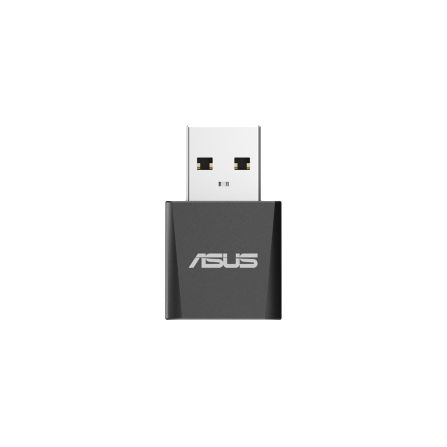 Black ASUS USB adapter on white. It has a white USB connector and the ASUS logo.