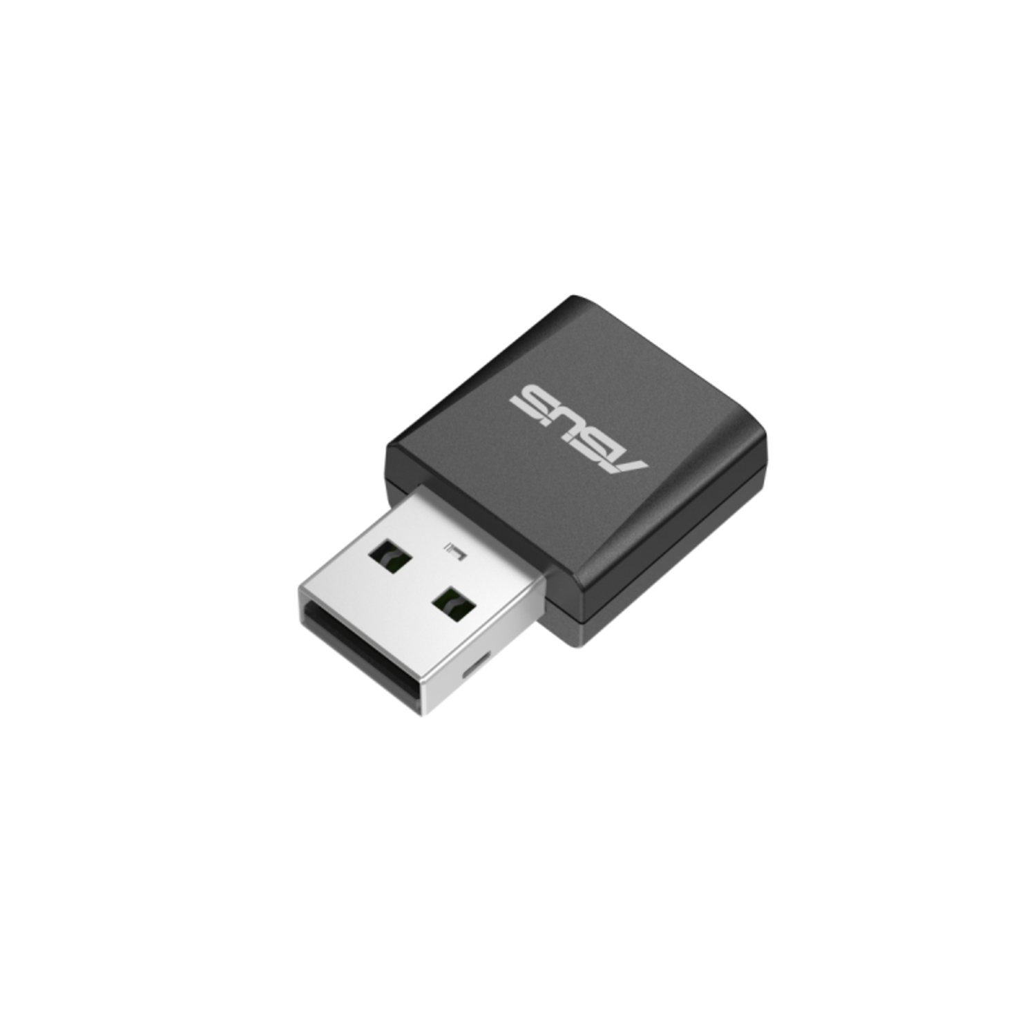 Black ASUS USB Wi-Fi adapter on white. Silver USB end. ASUS logo visible. Rectangular shape.