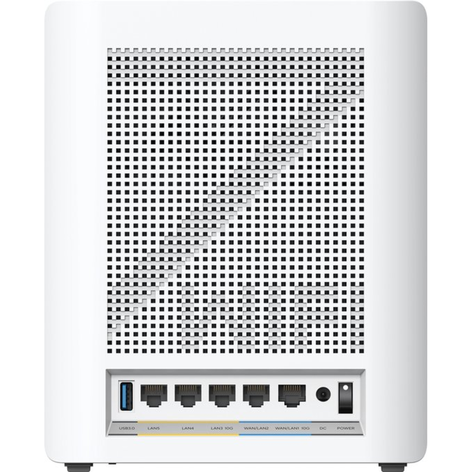 Witte router achterkant: USB, LAN-poorten, WAN-poorten, stroom en een raster van kleine vierkantjes.