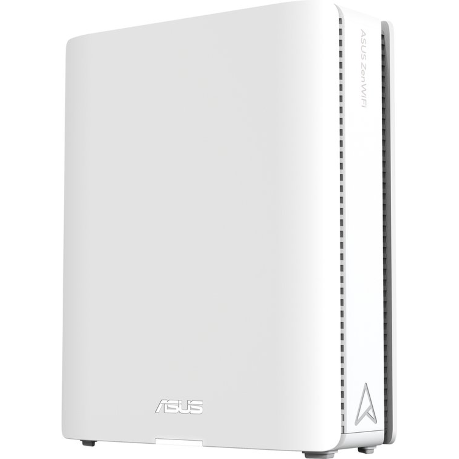 Witte ASUS ZenWiFi router, zijaanzicht. ASUS logo onderaan, ZenWiFi tekst en een pijl.