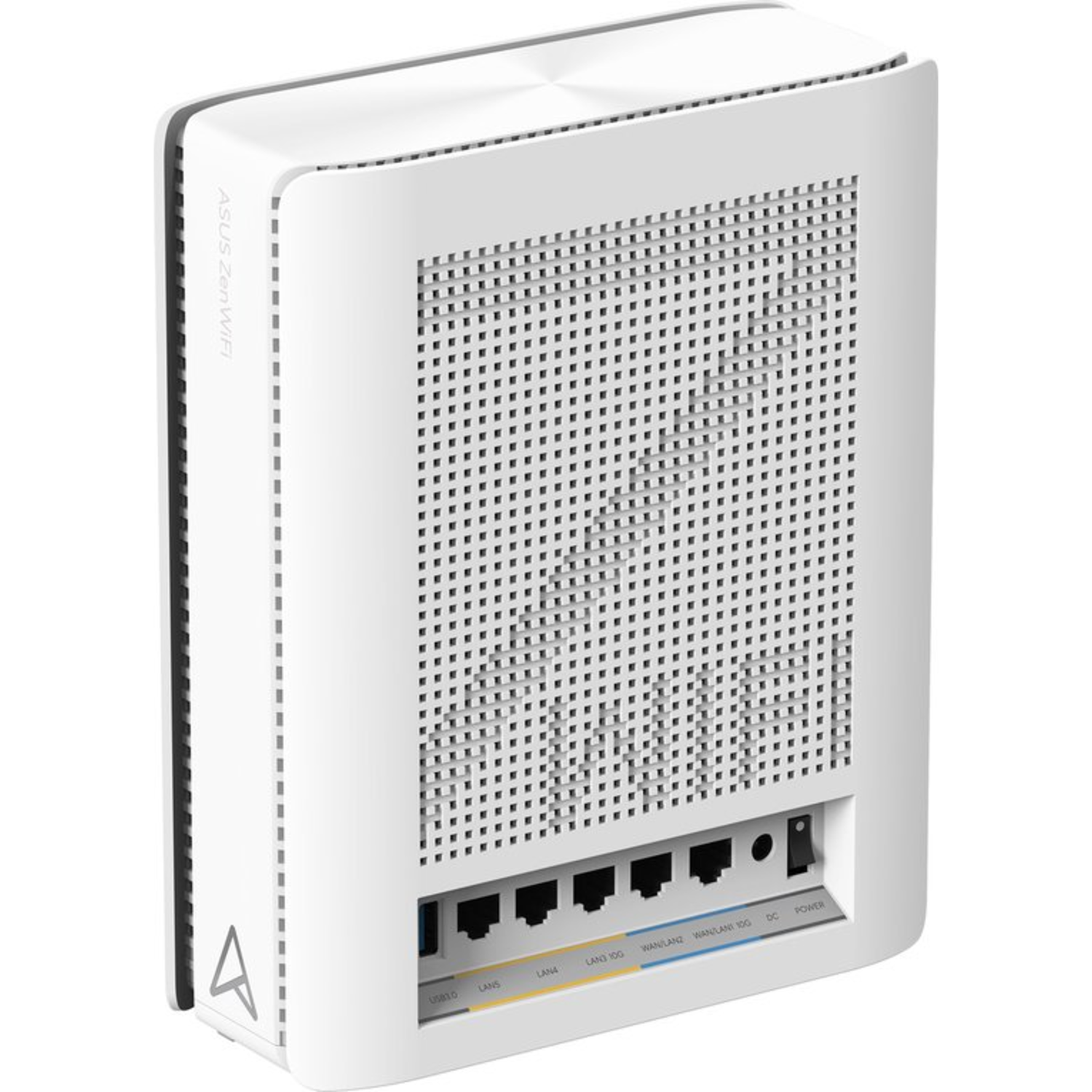 Witte ASUS ZenWiFi router. Poorten: USB 3.0, LAN, WAN, DC en Power. Geperforeerd frontpaneel.
