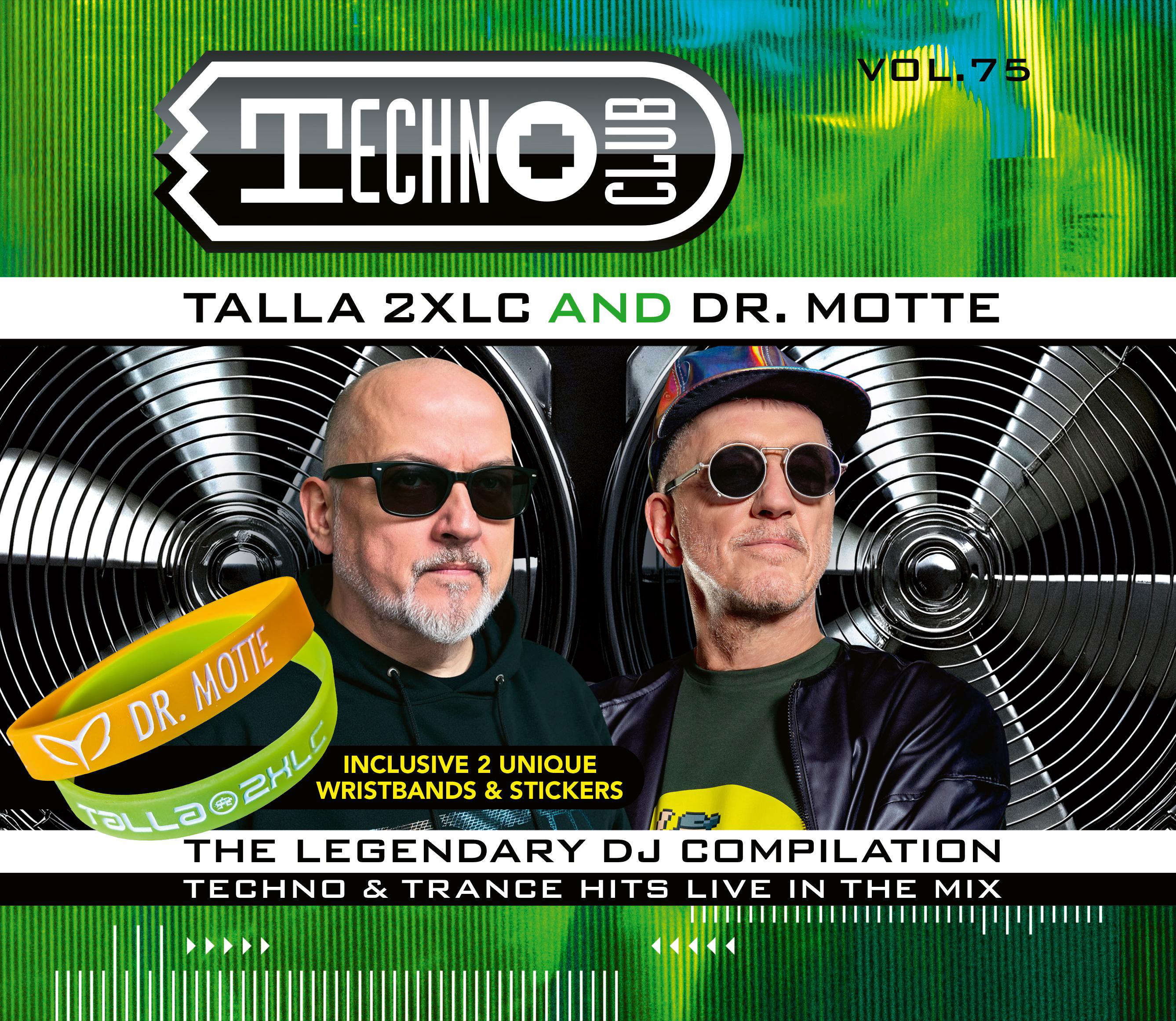 Albumcover mit zwei DJs. Der Titel lautet Techno Club Vol.75, Talla 2XLC und Dr. Motte. Inklusive Armbänder und Aufkleber.