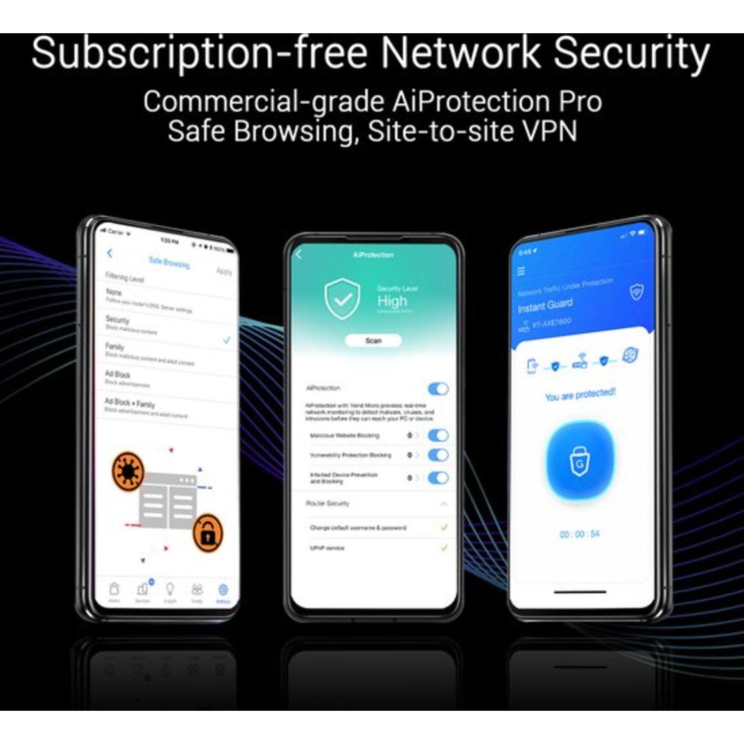 Drie smartphones die netwerkbeveiligingsfuncties weergeven. De schermen tonen veilig surfen, VPN en beveiligingsinstellingen met een blauw en wit thema.