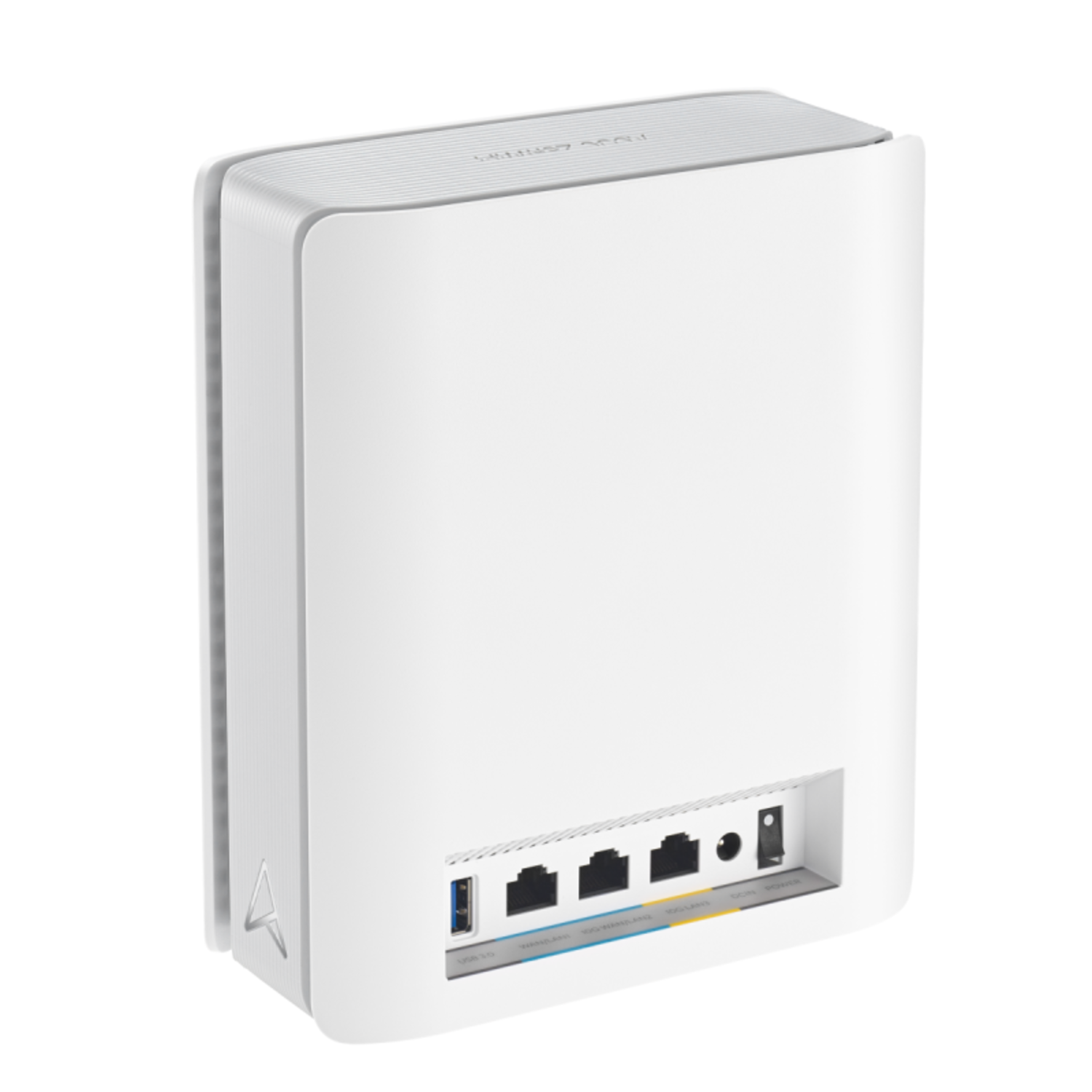 White ASUS Wi-Fi unit back view. Ports include USB, Ethernet, and power. Top has logo, black background.