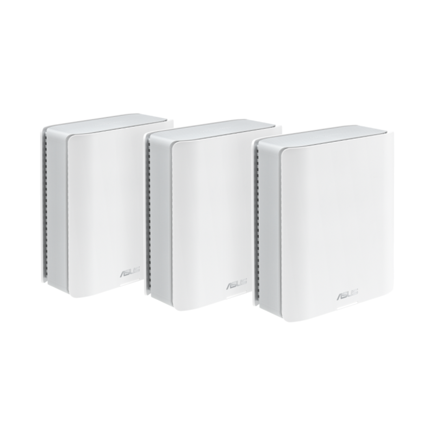 Three white ASUS devices side by side. Each device has a curved front and gray side. The ASUS logo is visible.
