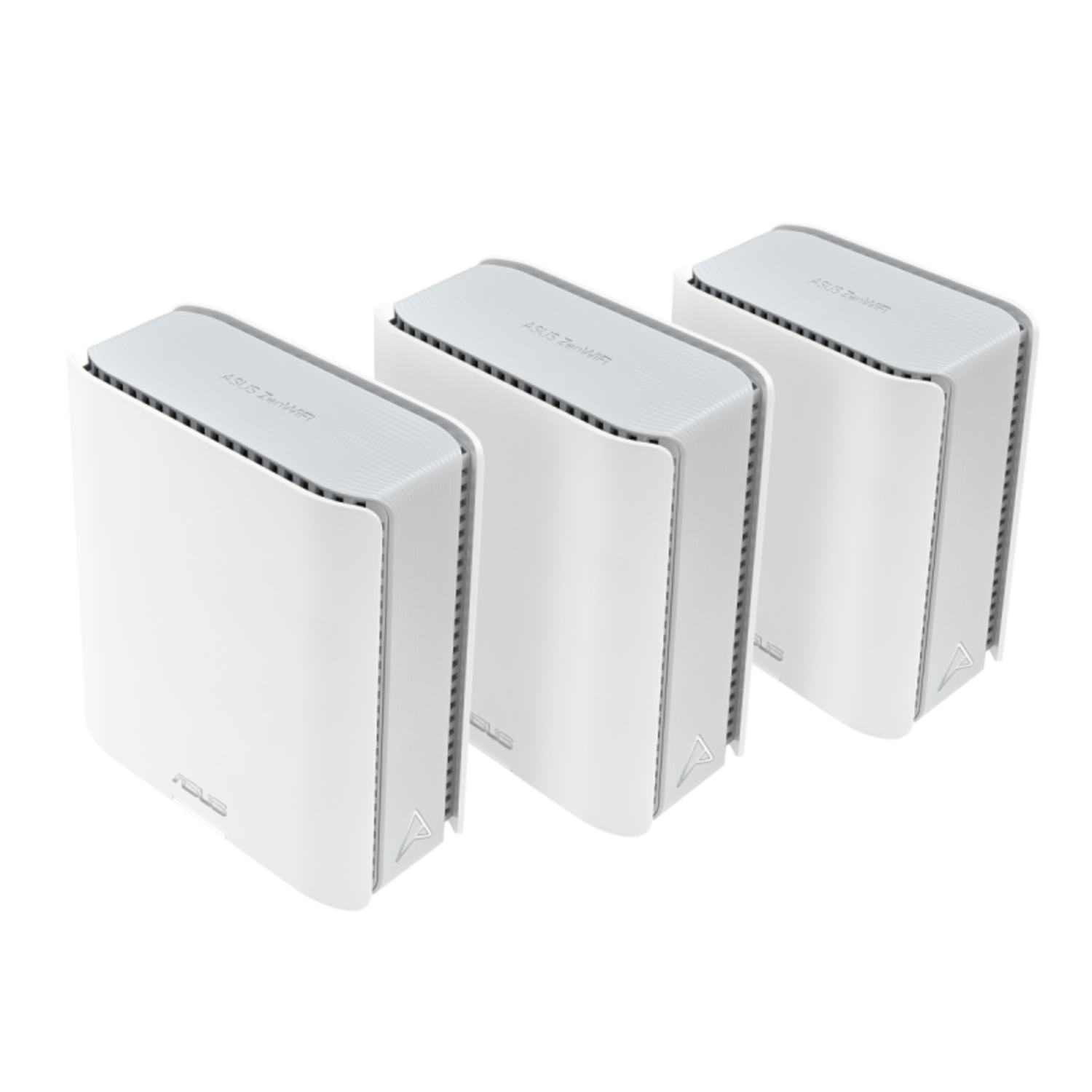 Three white ASUS ZenWiFi units aligned. Each has a gray top and front logo. They are on a white background.