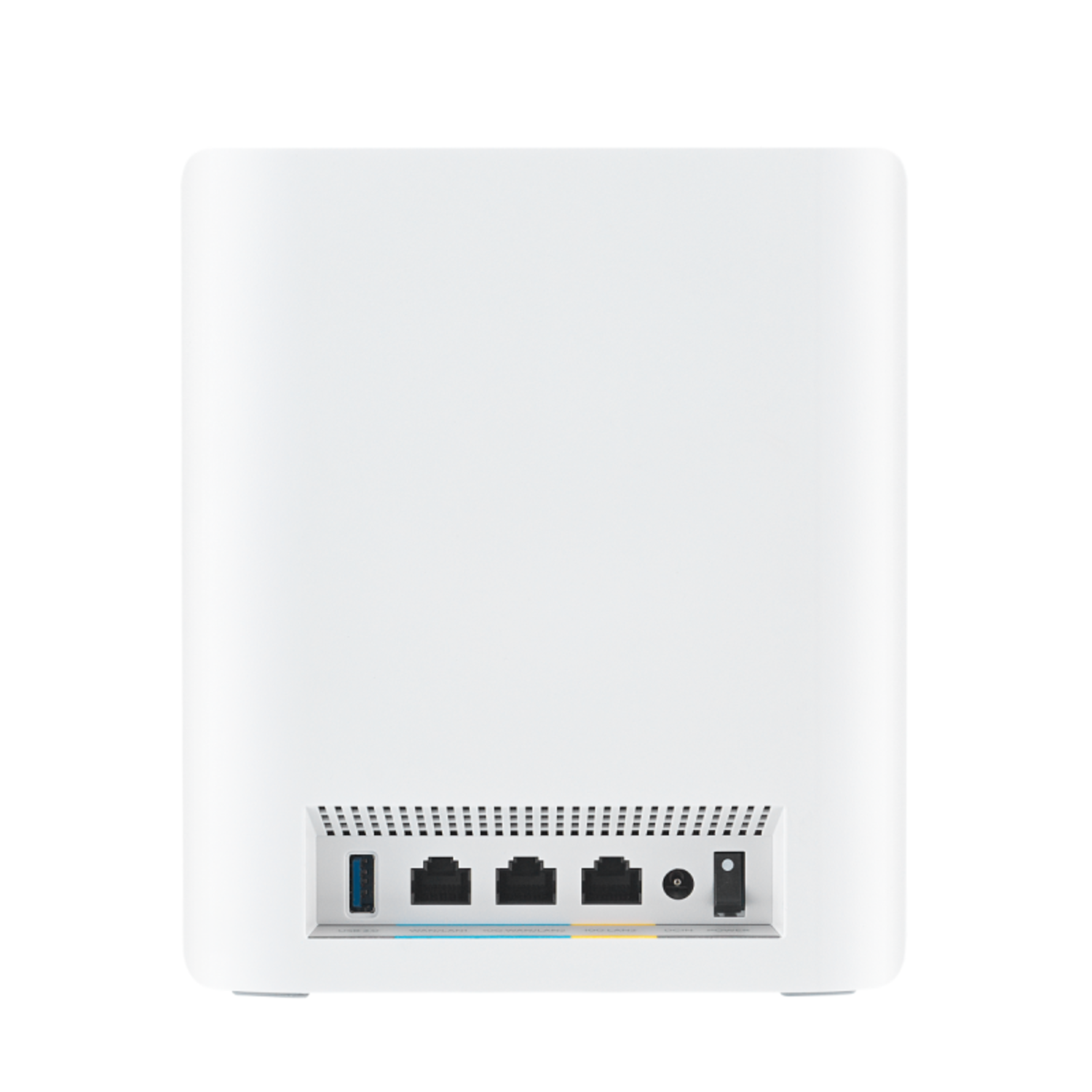 Back view of a white ASUS ZenWiFi unit. It has ports for USB, LAN, and power. It is on a white background.