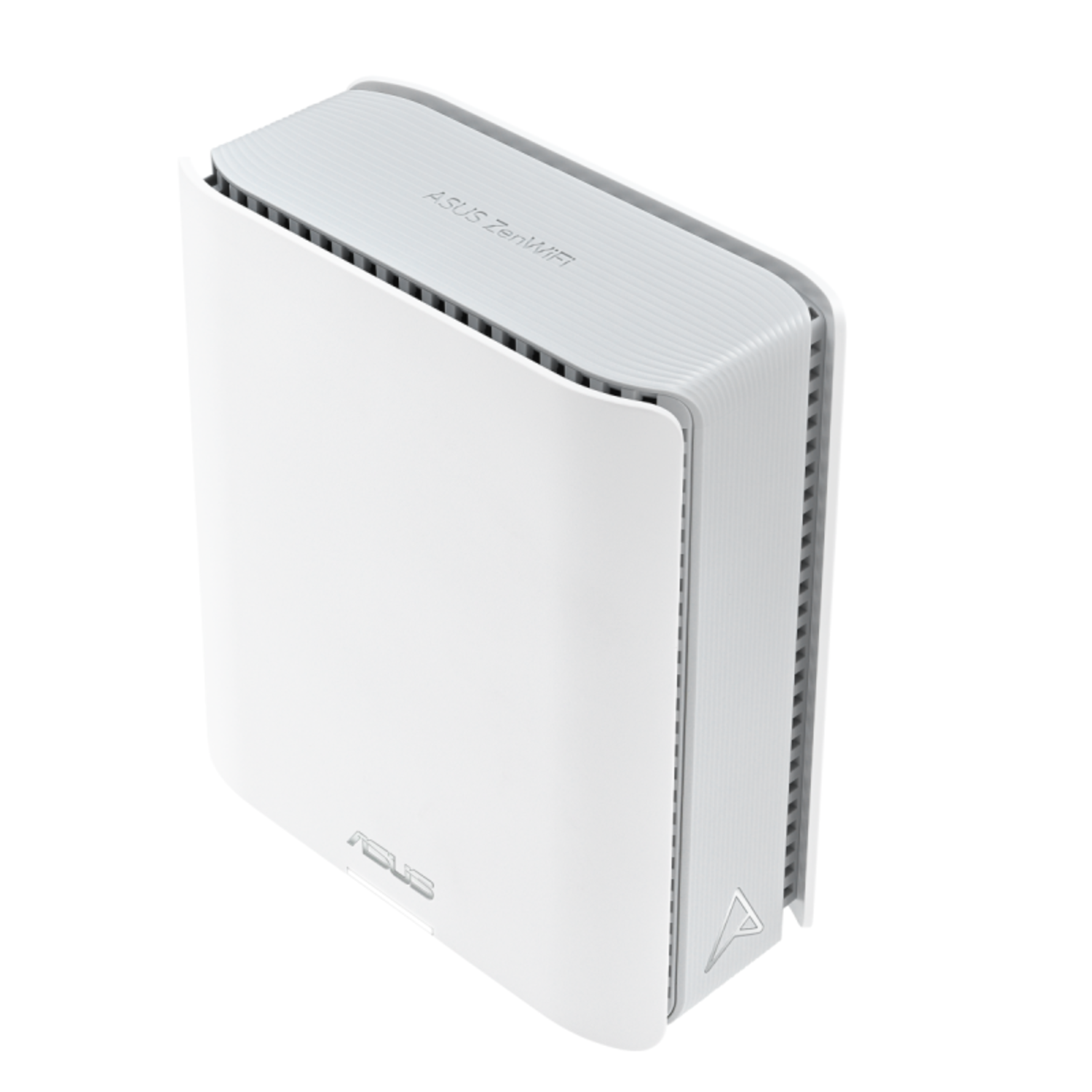 Angled view of a white ASUS ZenWiFi router. Top has gray vents, ASUS ZenWiFi text.