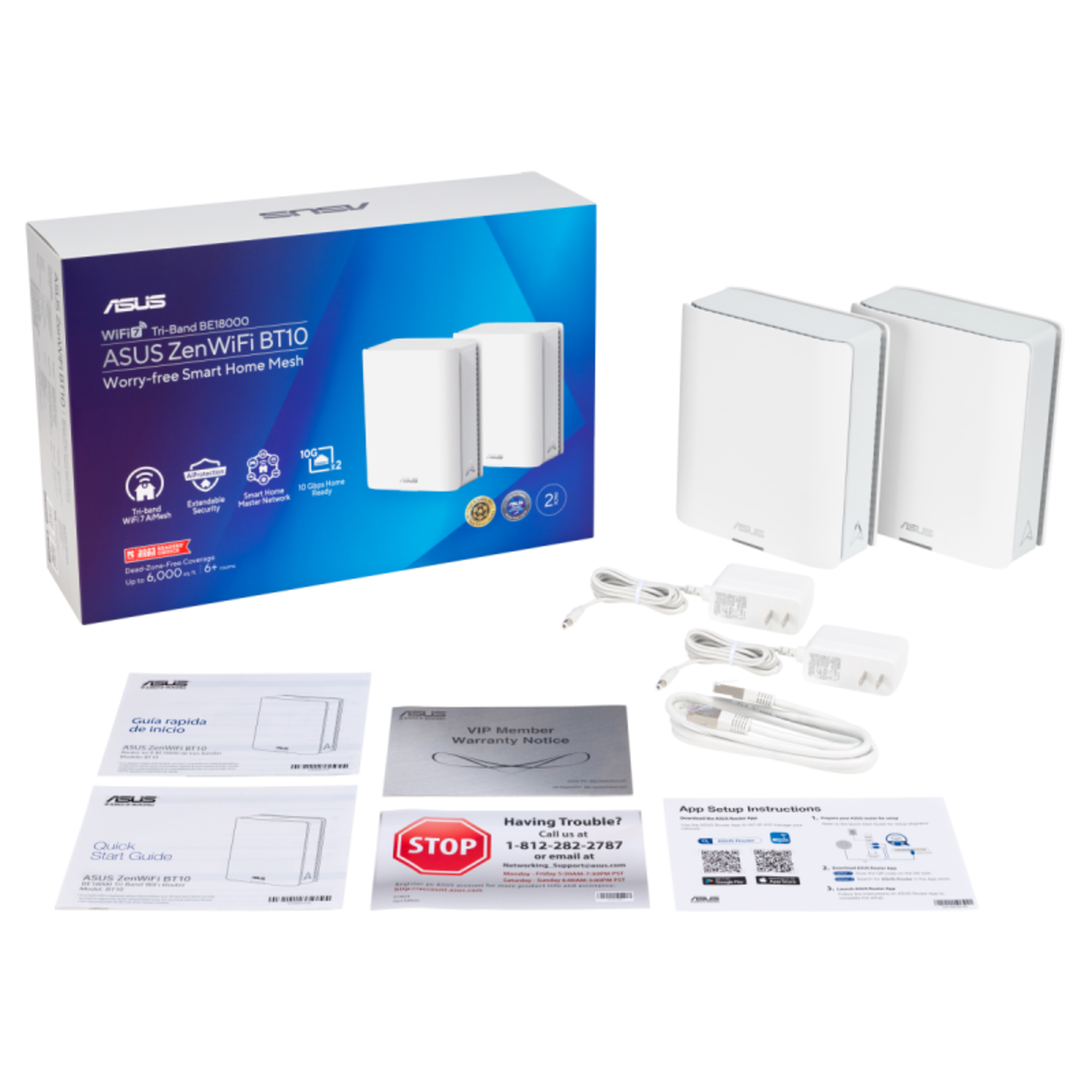 Box with ASUS WiFi router, accessories, and documents on white background.