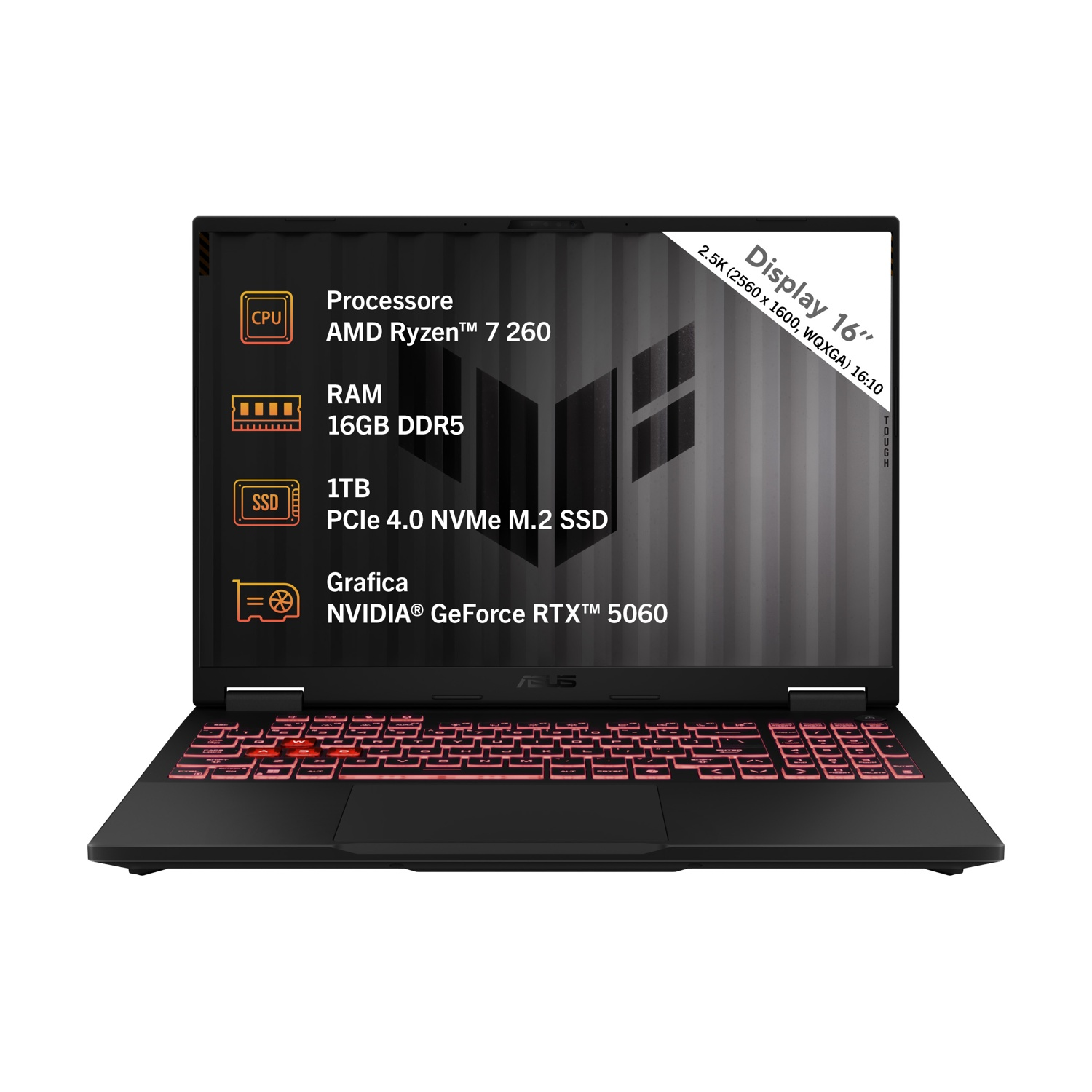 Laptop nero con specifiche sullo schermo. Processore: AMD Ryzen 7 2600. RAM: 16 GB DDR5. SSD: 1 TB. Grafica: NVIDIA GeForce RTX 3060.