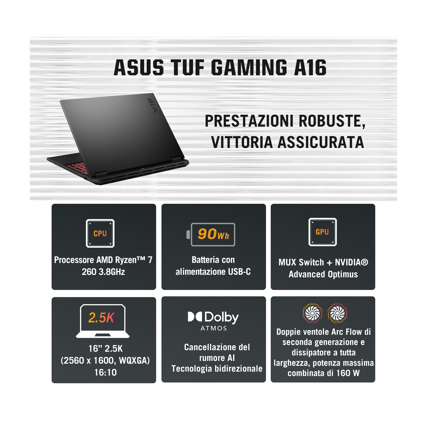 Laptop ASUS TUF gaming nero. Caratteristiche: CPU, GPU, batteria 90Wh, display 2.5K, Dolby Atmos e ventole Arc Flow.