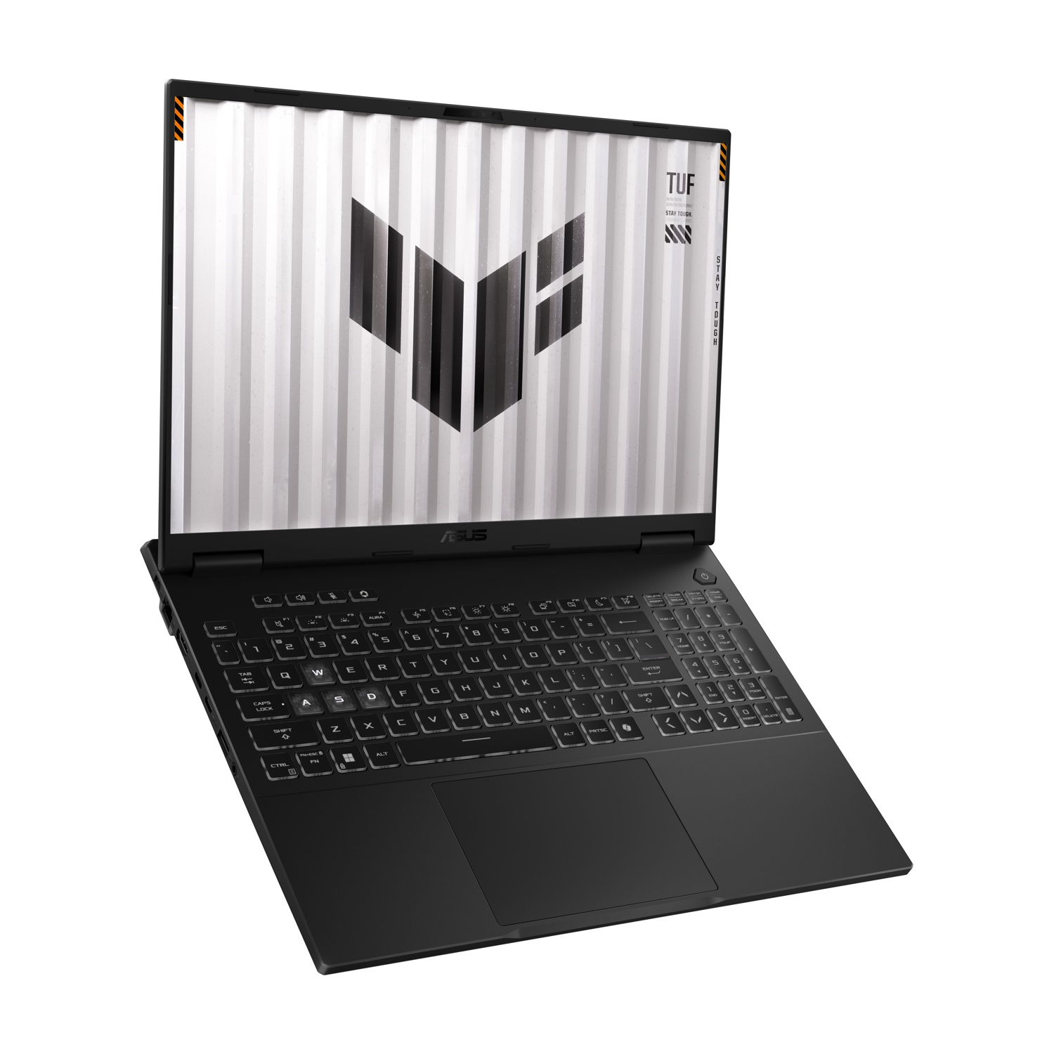 Laptop ASUS TUF nero angolato. Lo schermo mostra sfondo bianco con logo nero. Tastiera illuminata. Isolato su bianco.