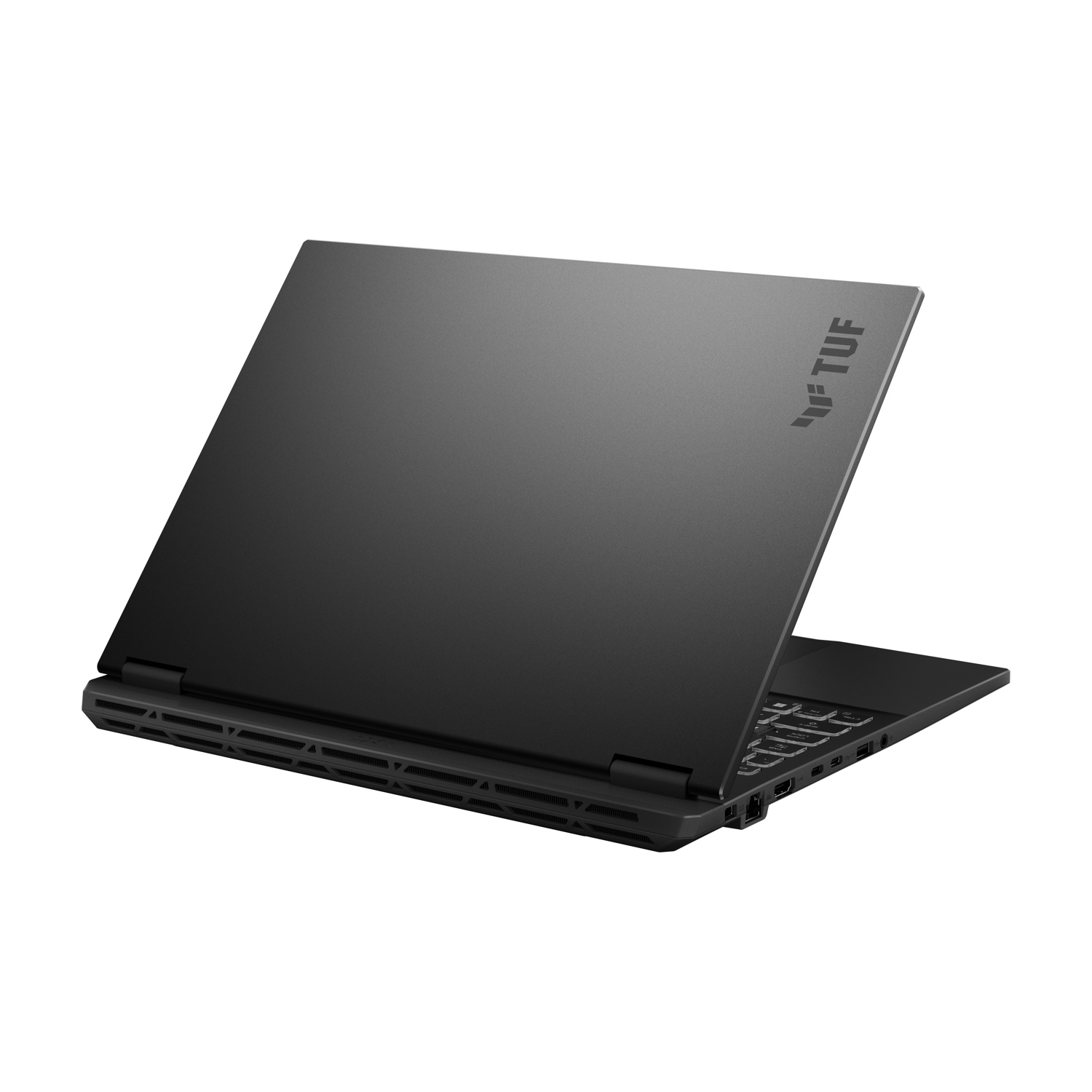 Laptop nero, vista posteriore. Il laptop è aperto, mostrando tastiera e schermo. Il marchio 'TUF' è visibile in alto.