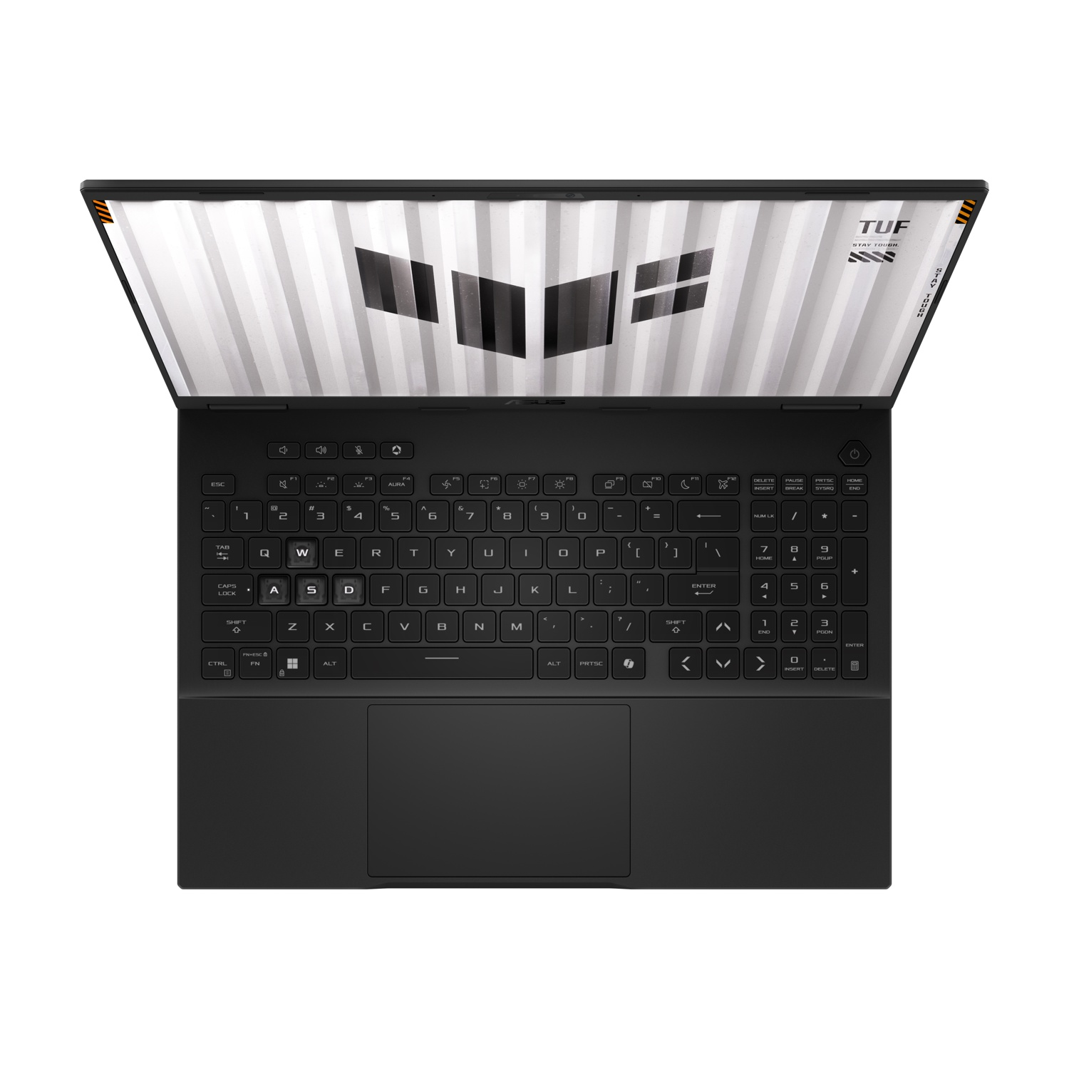 Laptop nero aperto con tastiera. Logo TUF visibile sullo schermo e in alto a destra.
