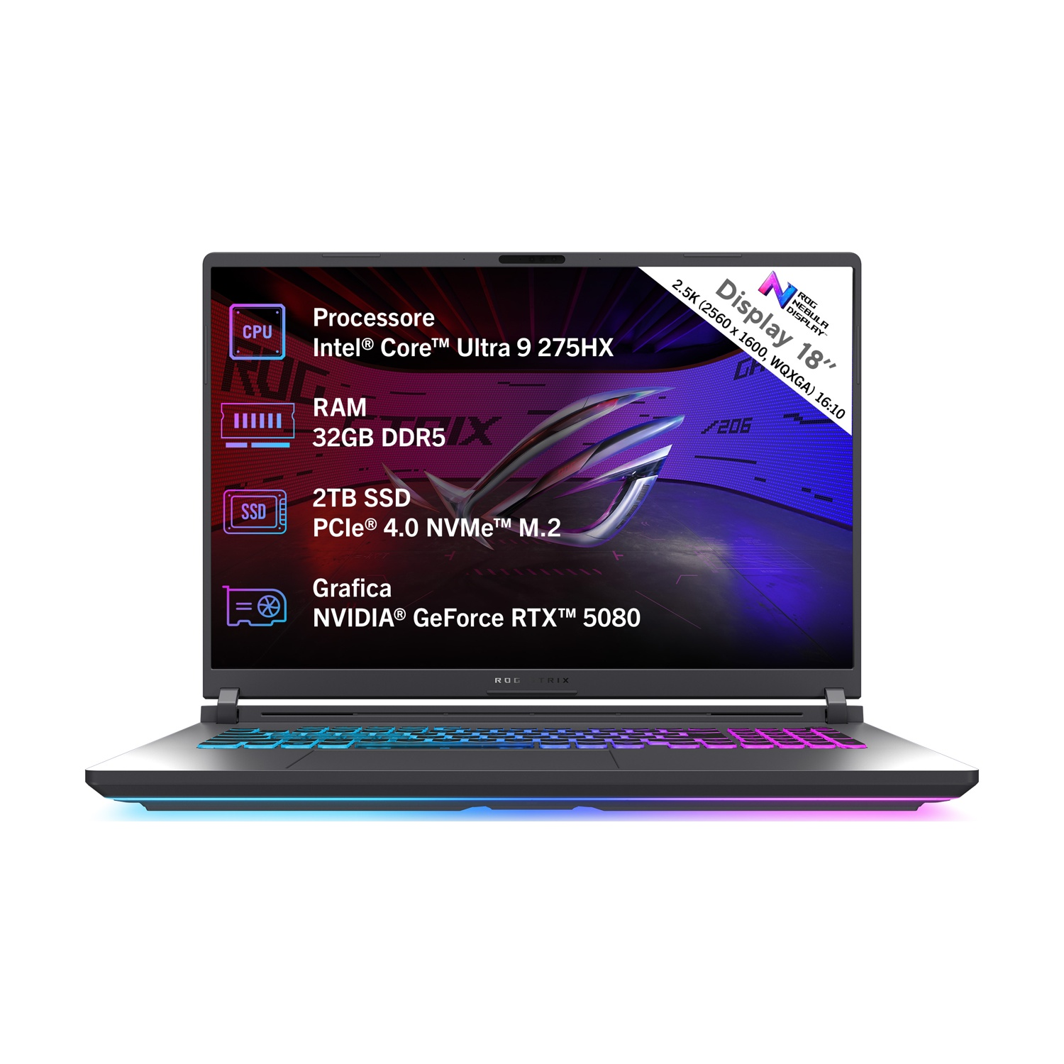 Laptop gaming con specifiche: Intel i9, 32GB RAM, 2TB SSD, RTX 5080, display 18".